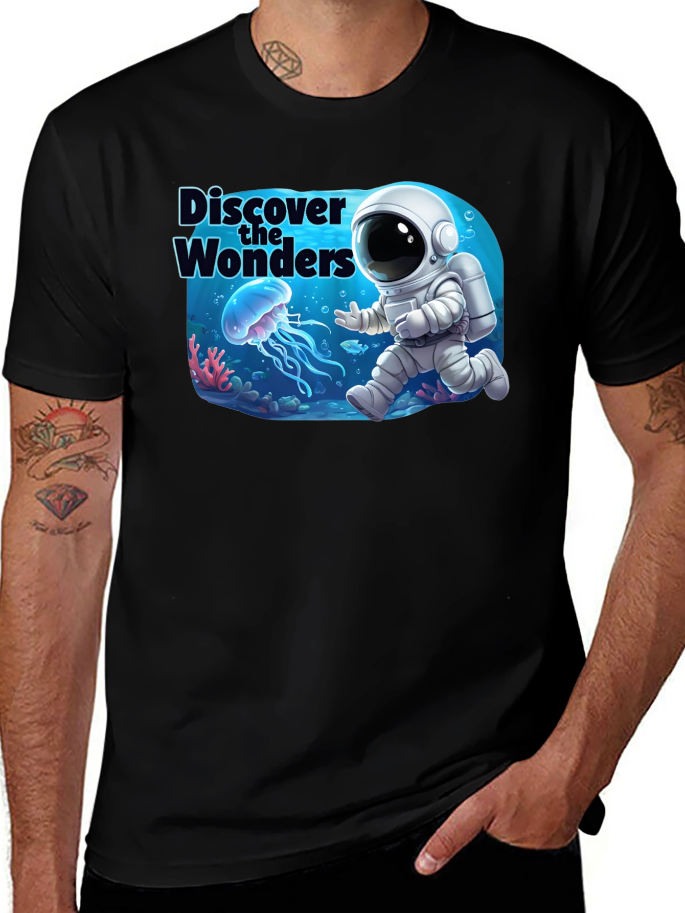 Discover the Wonders T-Shirt: Astronaut & Jellyfish Design