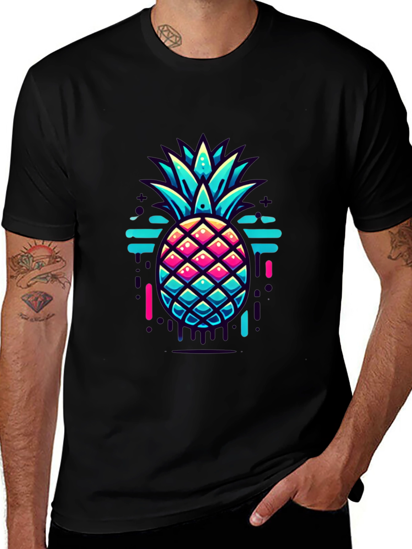 Variant 4 of Neon Pineapple Graphic Tee - Trendy Men's Black T-Shirt