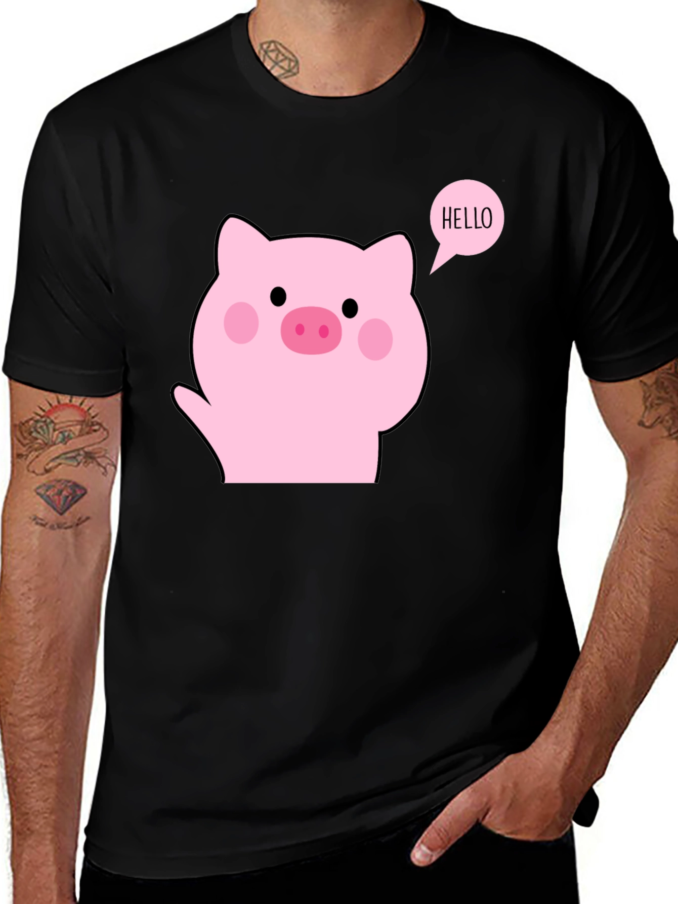 Variant 25 of Cute Pig Hello Black T-Shirt