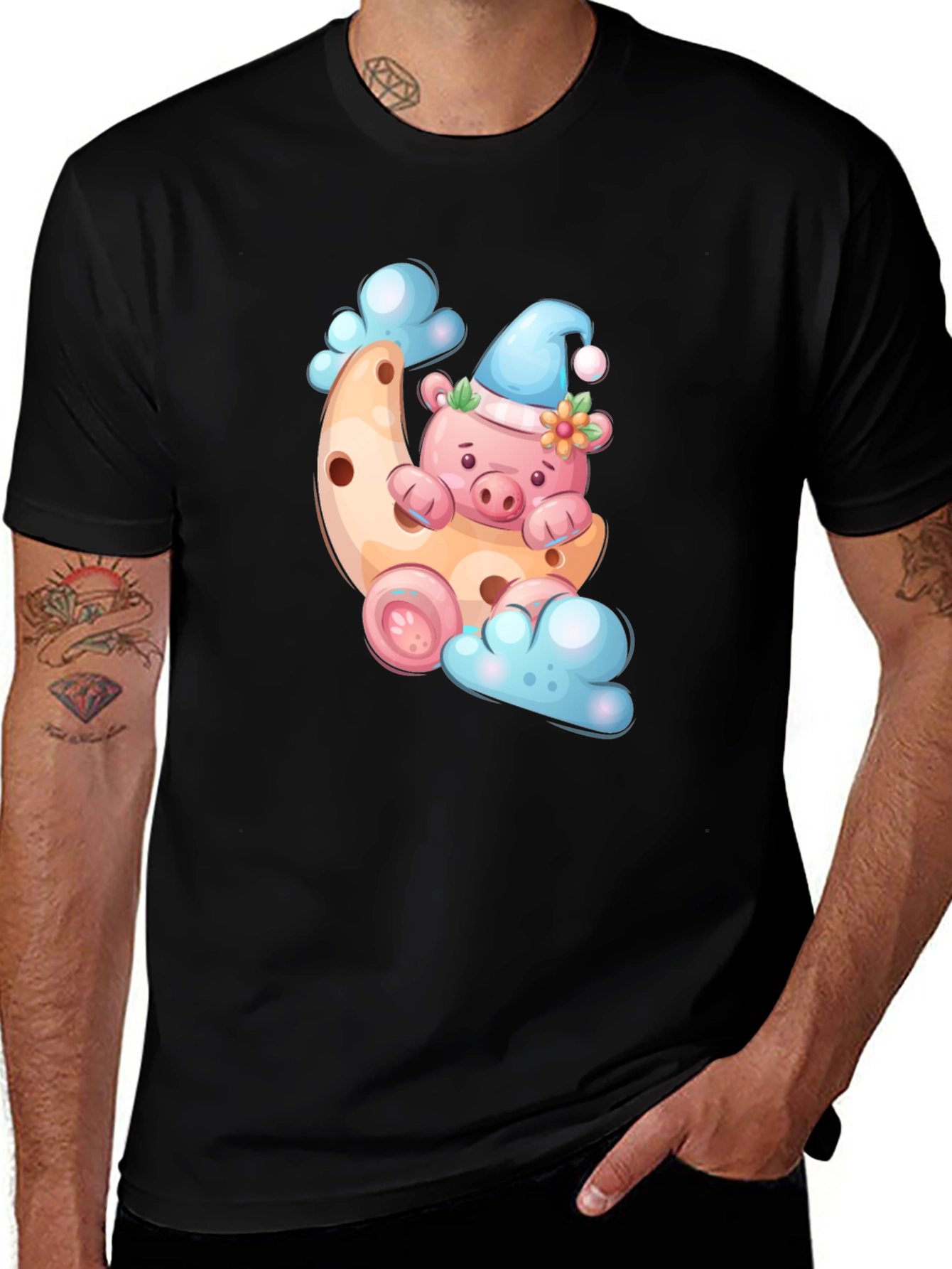Variant 20 of Cute Pig on Moon T-Shirt - Black