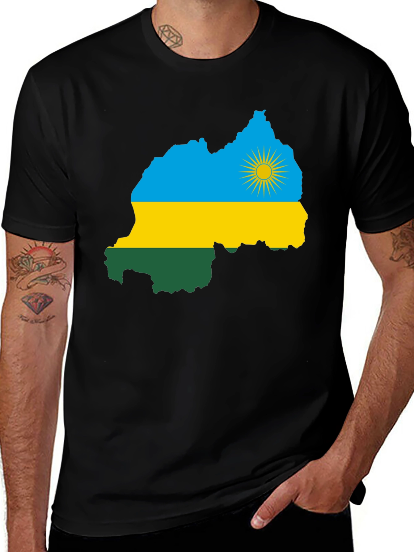 Rwanda Flag Map Graphic Tee - Black Cotton T-Shirt