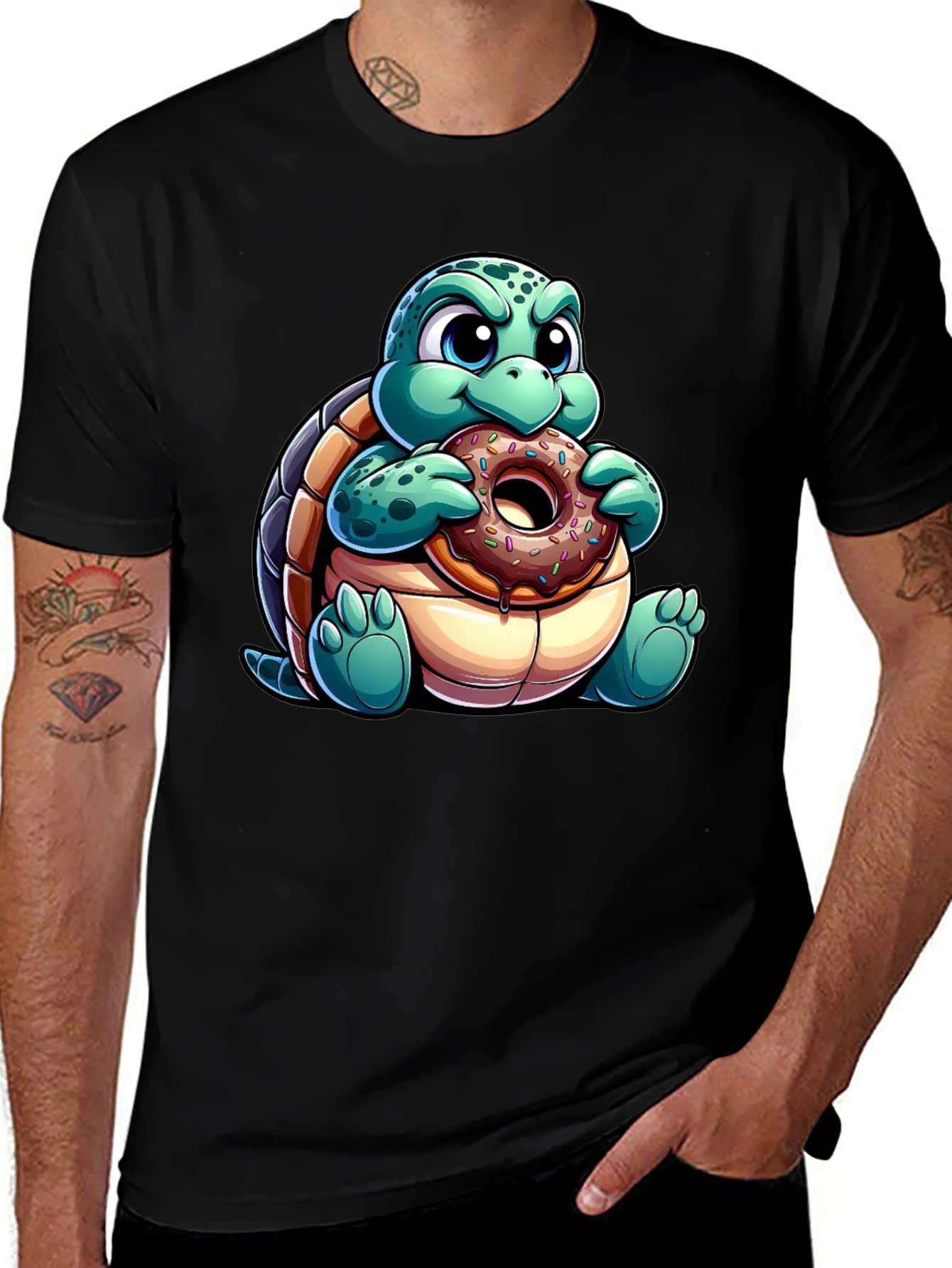 Variant 18 of Turtle Eating Donut Graphic Tee - Fun Cartoon Shirt