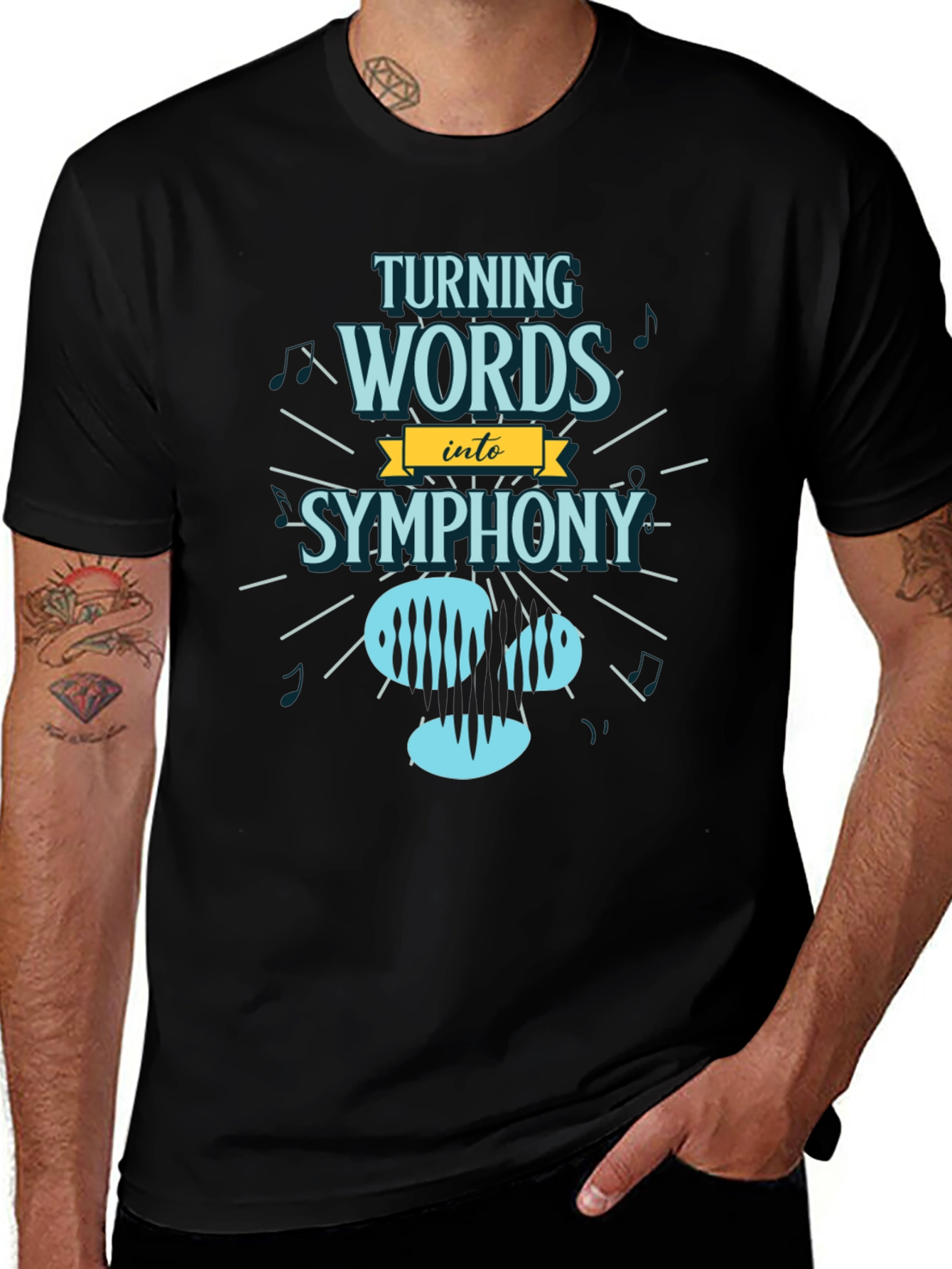 Variant 8 of Turning Words Into Symphony Black Graphic Tee