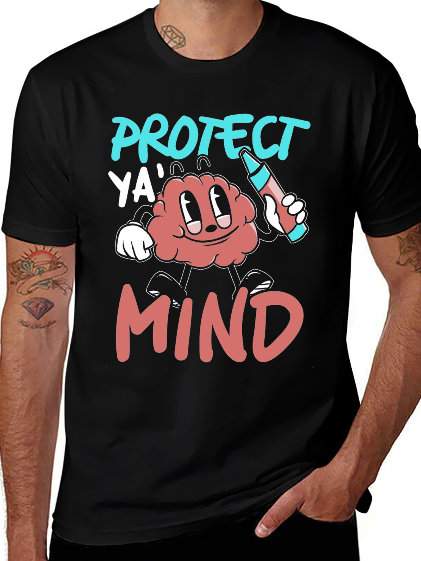 Protect Ya' Mind T-Shirt - Cartoon Brain with Crayon