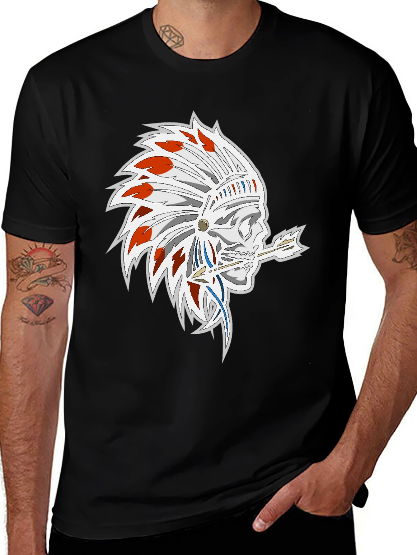 Variant 4 of Skull Chief Headdress Graphic Black T-Shirt