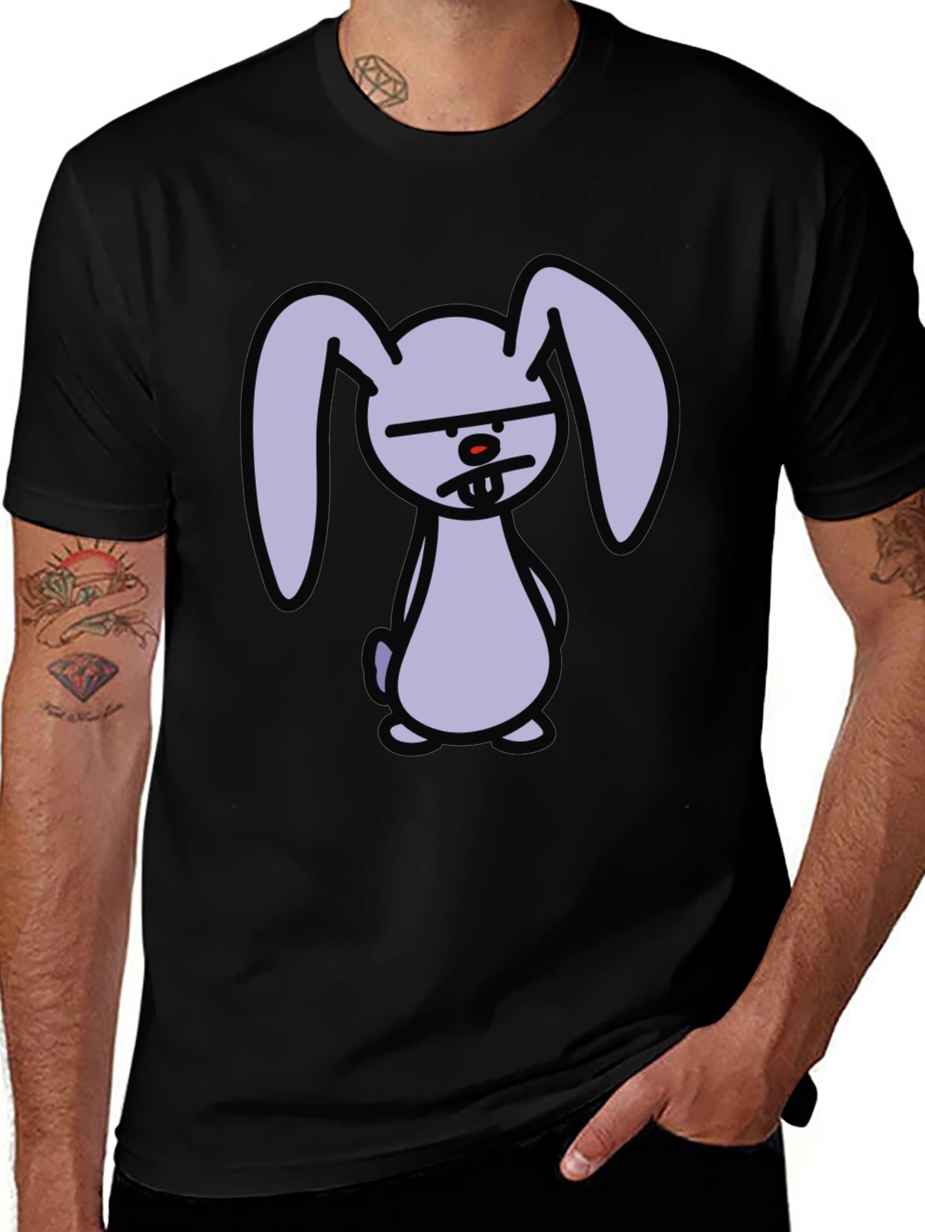Grumpy Cartoon Bunny Graphic Black T-Shirt