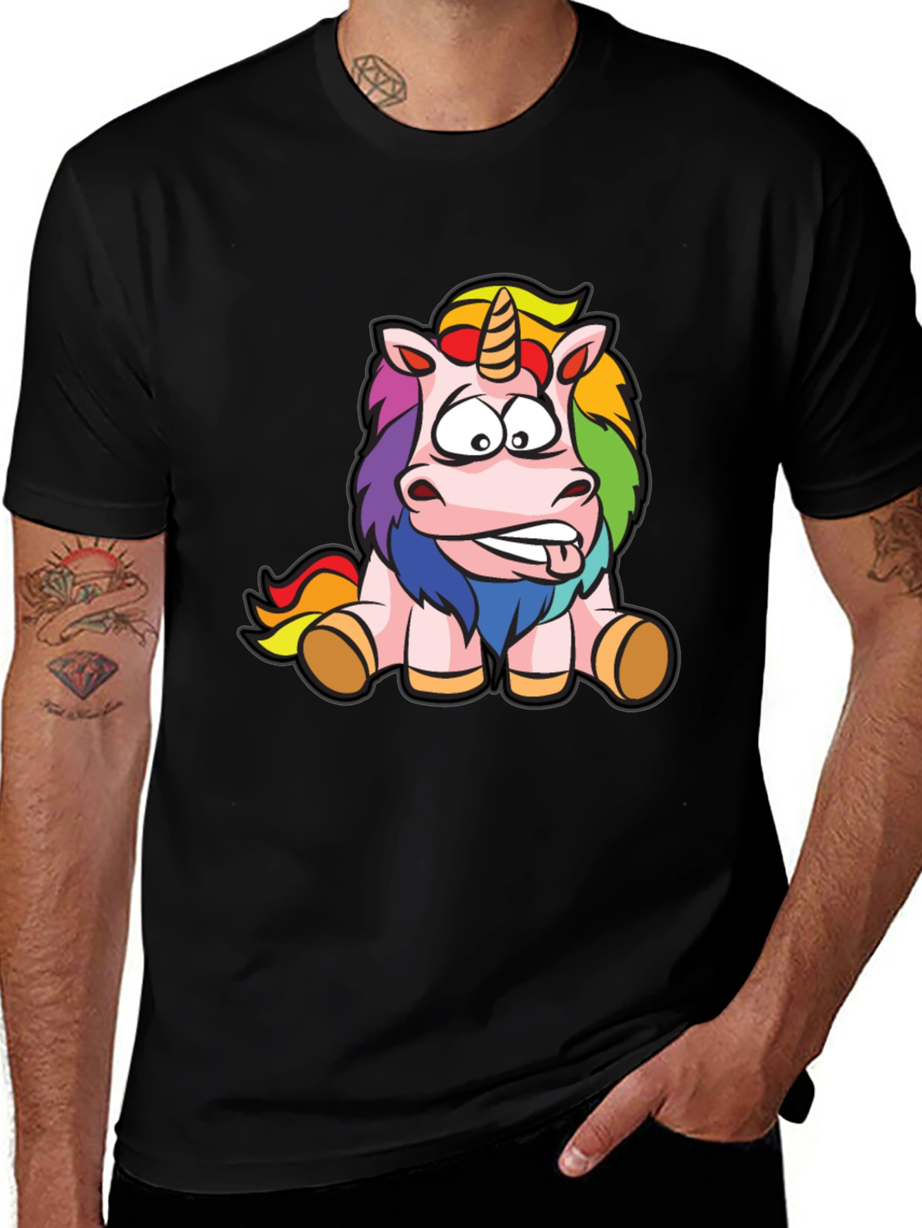 Variant 10 of Cartoon Unicorn Graphic Tee - Black Cotton T-Shirt