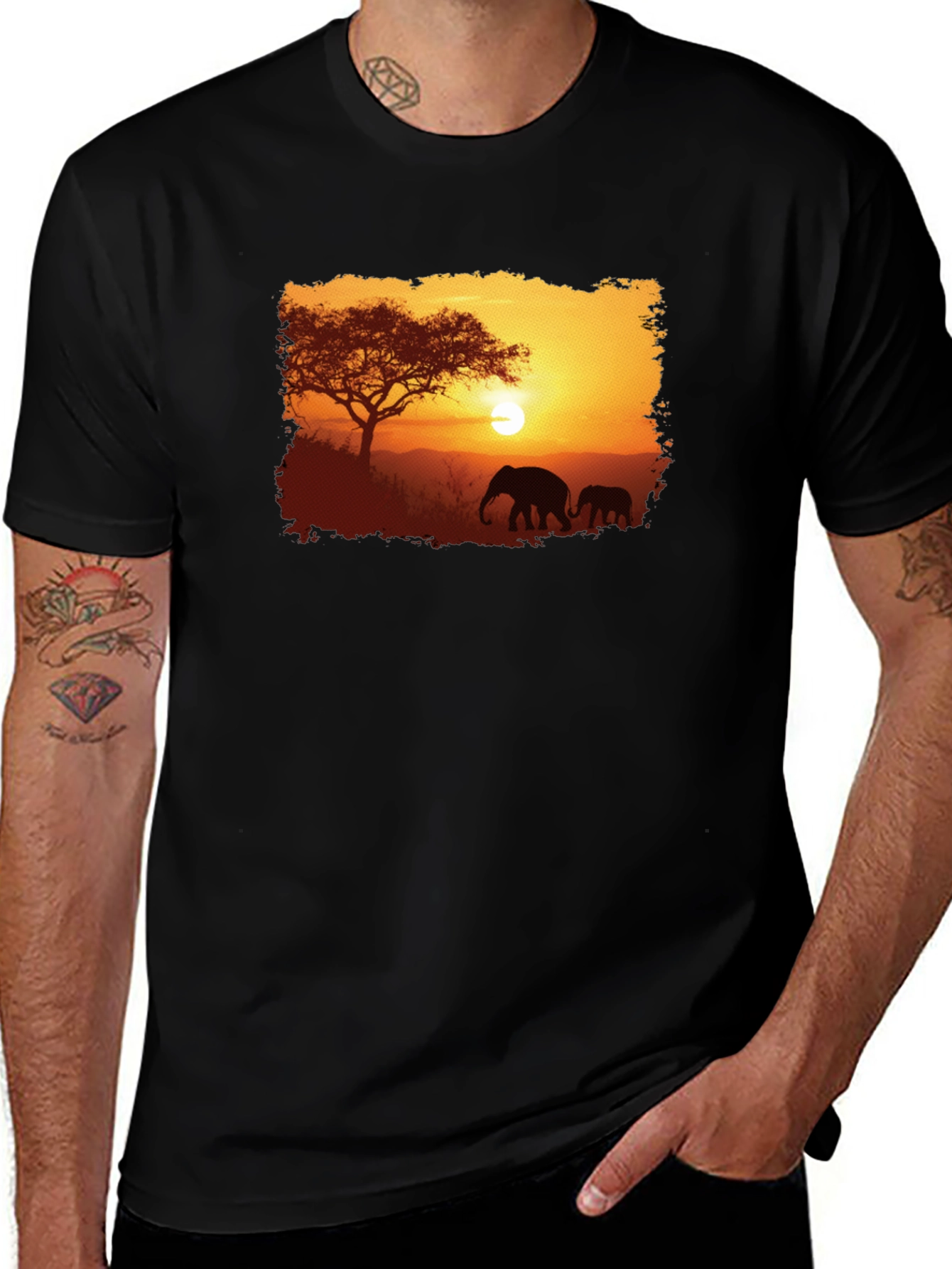 Variant 27 of Sunset Safari Elephant Graphic Tee - Black