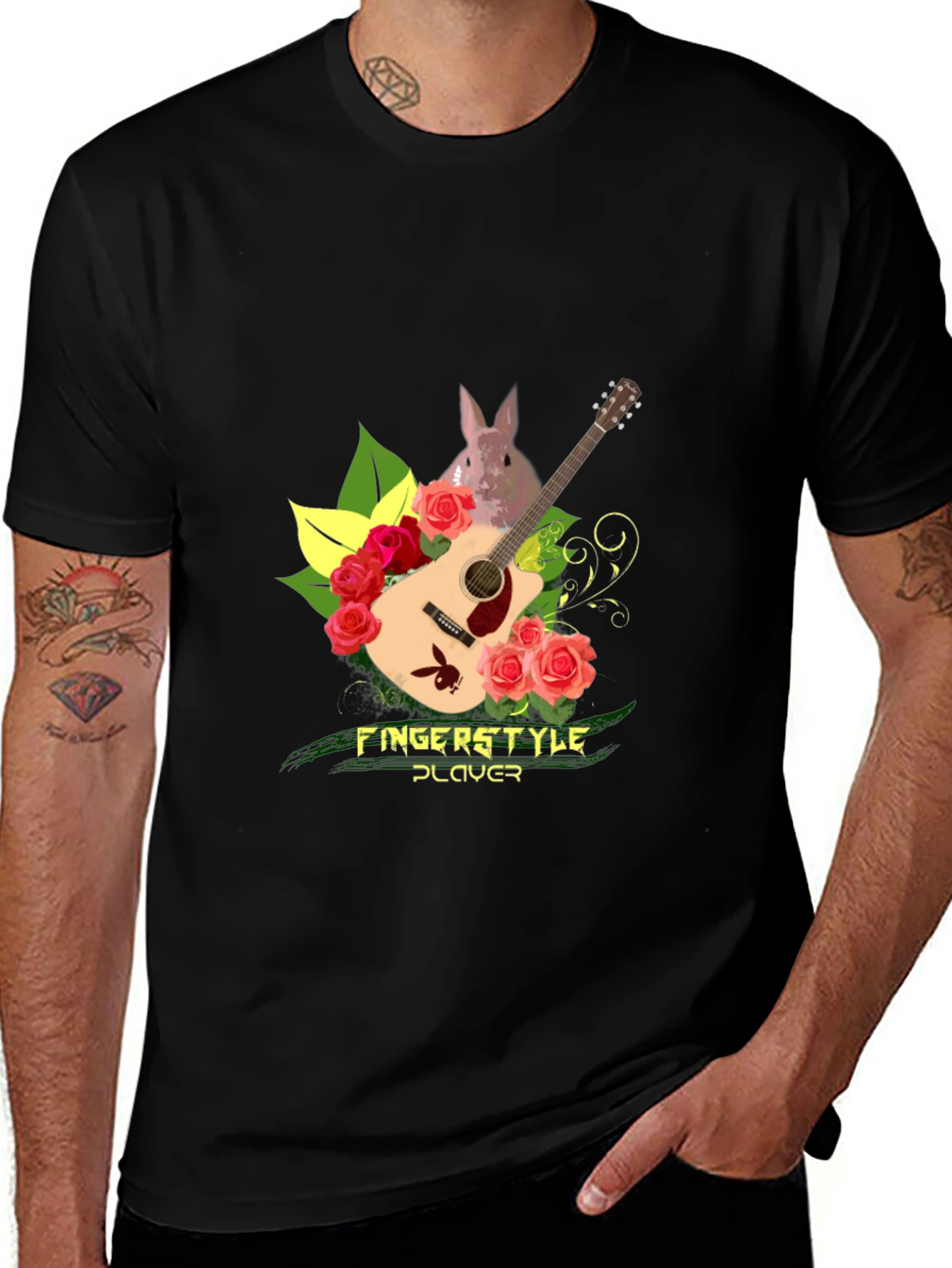 Variant 15 of Fingerstyle Player T-Shirt - Guitar, Roses, and Bunny Design