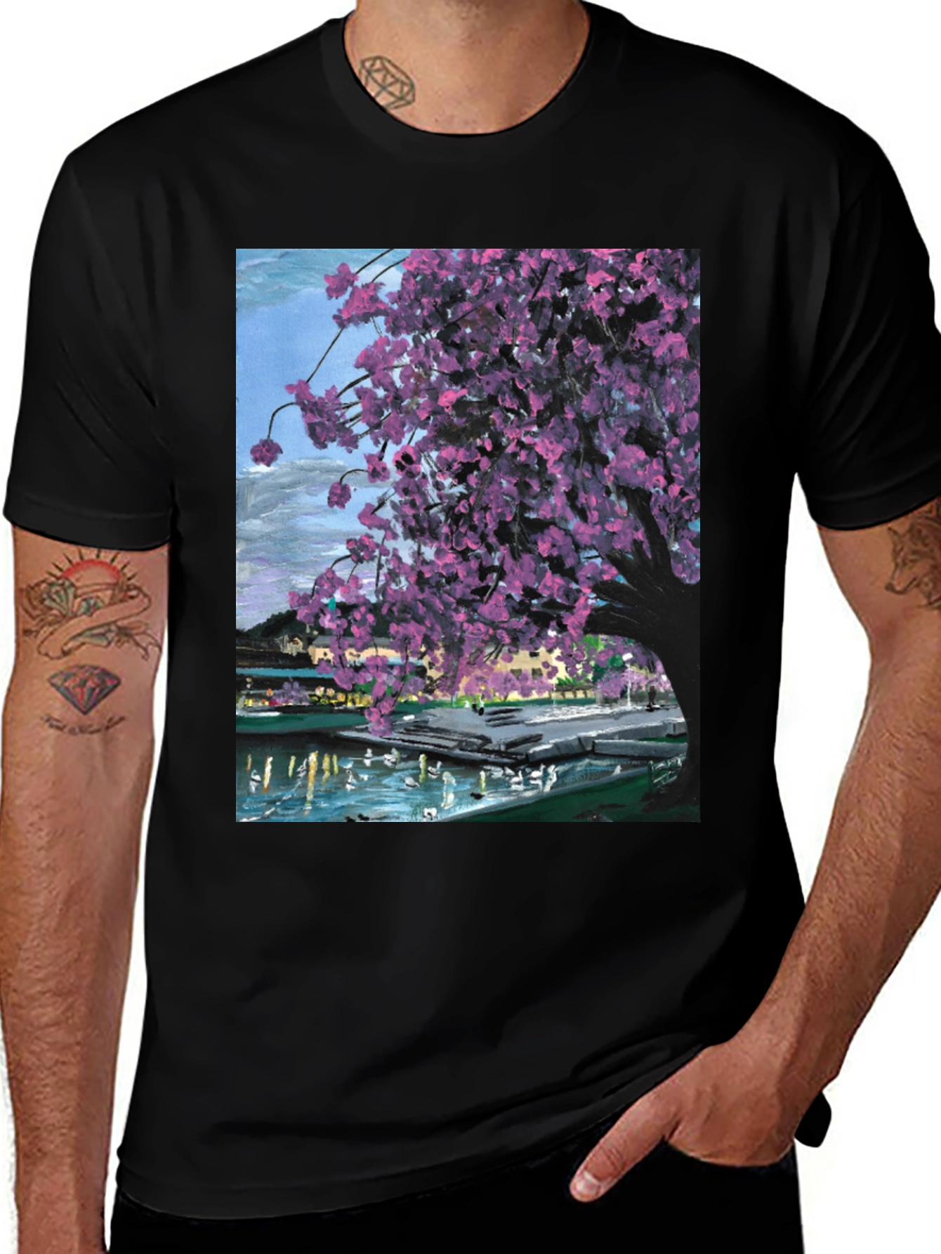 Variant 16 of Cherry Blossom Art Graphic Tee - Black Cotton Blend