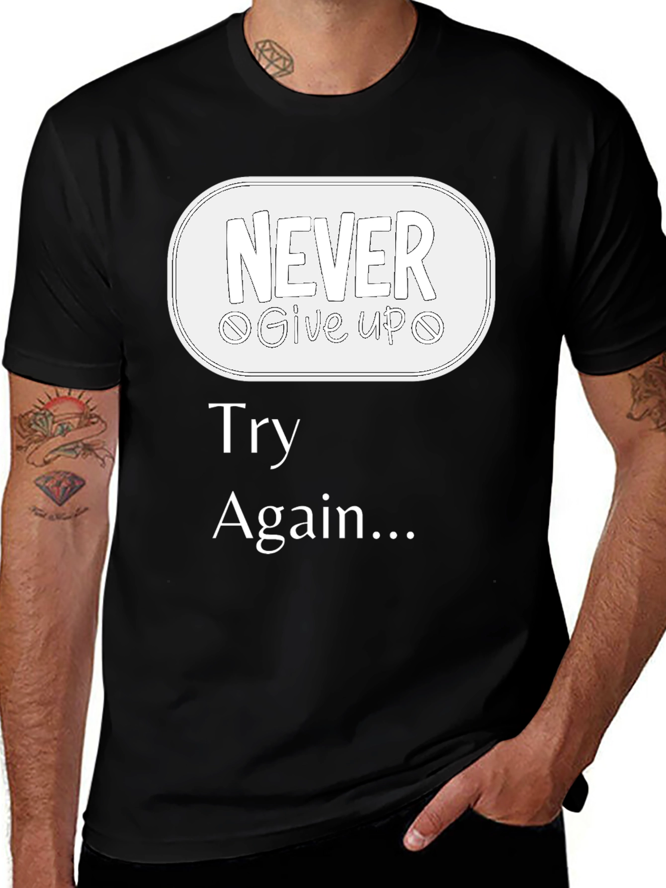 Variant 28 of Motivational Black T-Shirt - Never Give Up - Try Again