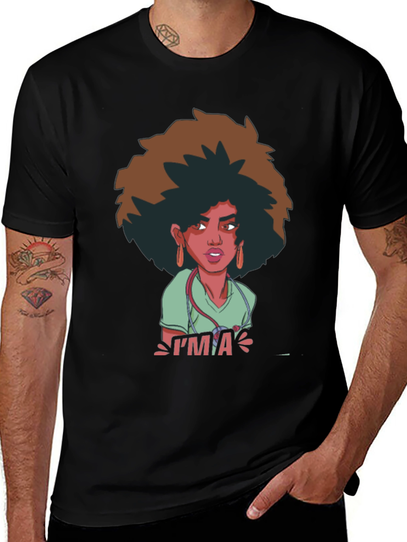 Variant 24 of Cartoon Nurse T-Shirt - Afro Hairstyle - 'I'm A Nurse'