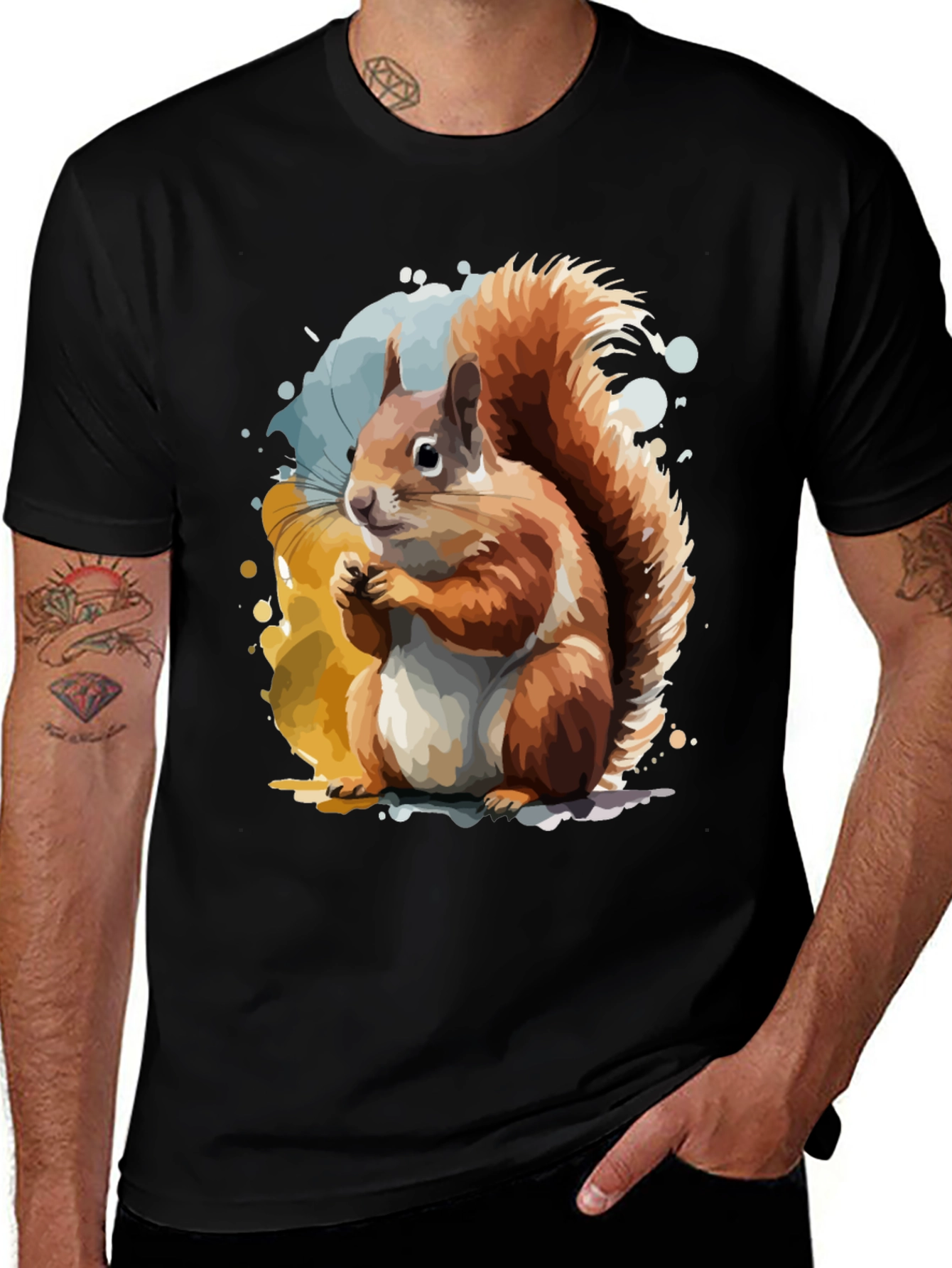 Variant 10 of Squirrel Watercolor Graphic Tee - Men's Black T-Shirt