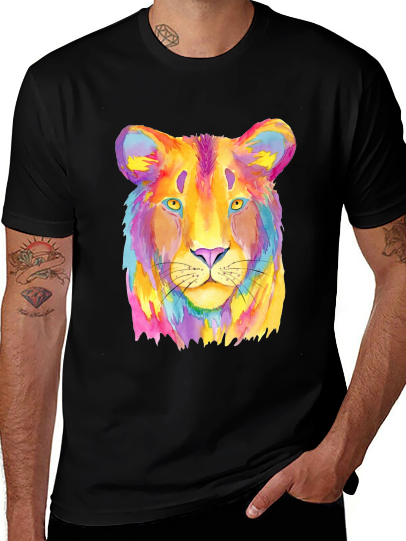 Variant 2 of Watercolor Lion Graphic Tee - Men's Black T-Shirt