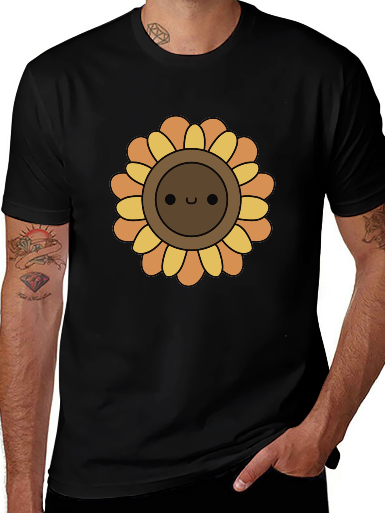 Variant 20 of Cute Sunflower Graphic Tee - Black Cotton T-Shirt