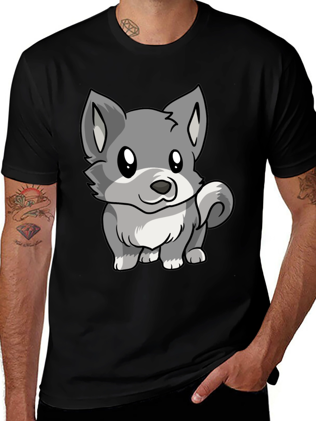 Variant 13 of Cute Cartoon Wolf Graphic Black T-Shirt