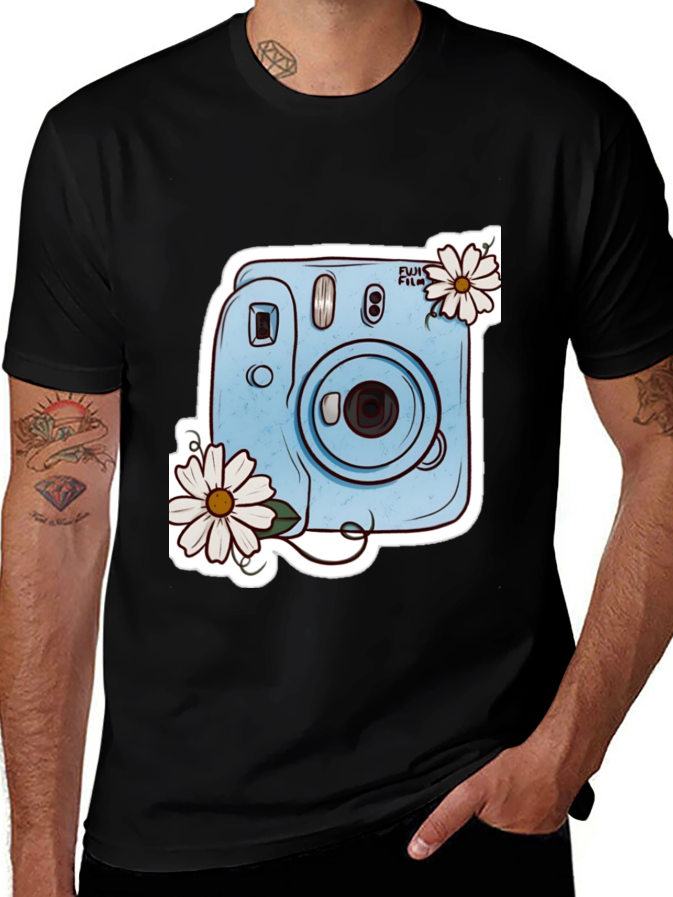 Variant 27 of Stylish Black Tee with Camera & Daisy Design