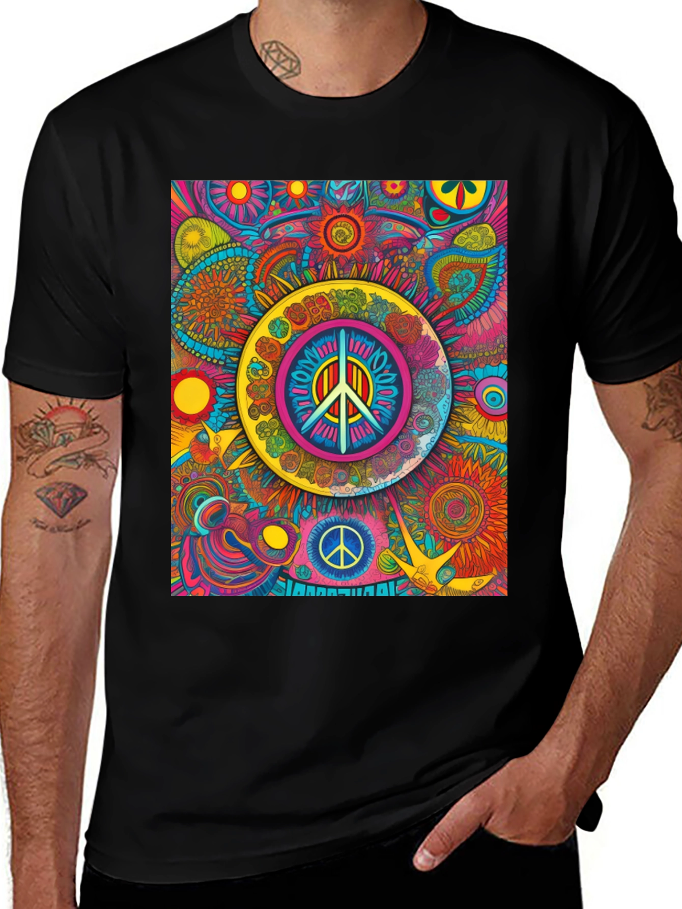 Variant 23 of Psychedelic Peace Sign Graphic Tee - Vibrant Design