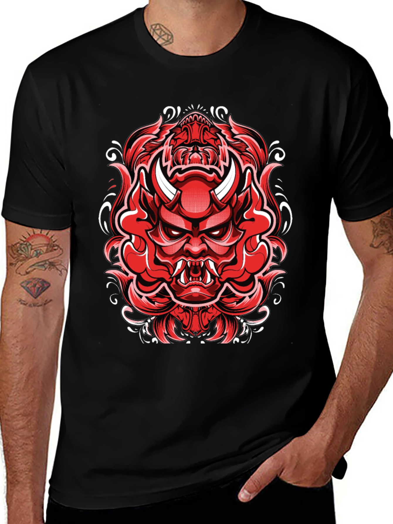 Variant 15 of Men's Black T-Shirt with Red Japanese Demon Graphic