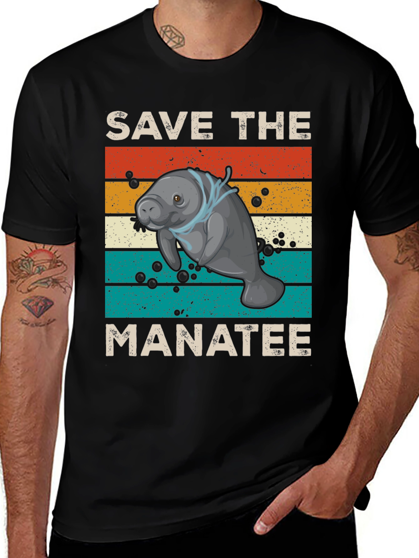 Black Save the Manatee Graphic T-Shirt - Eco-Friendly Sea Life Tee main image