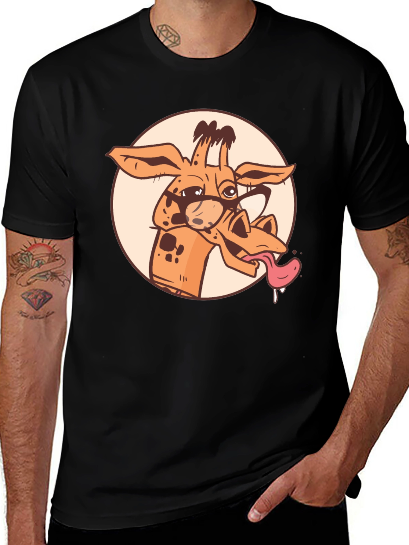 Variant 23 of Giraffe Cartoon Graphic Tee - Black Cotton T-Shirt