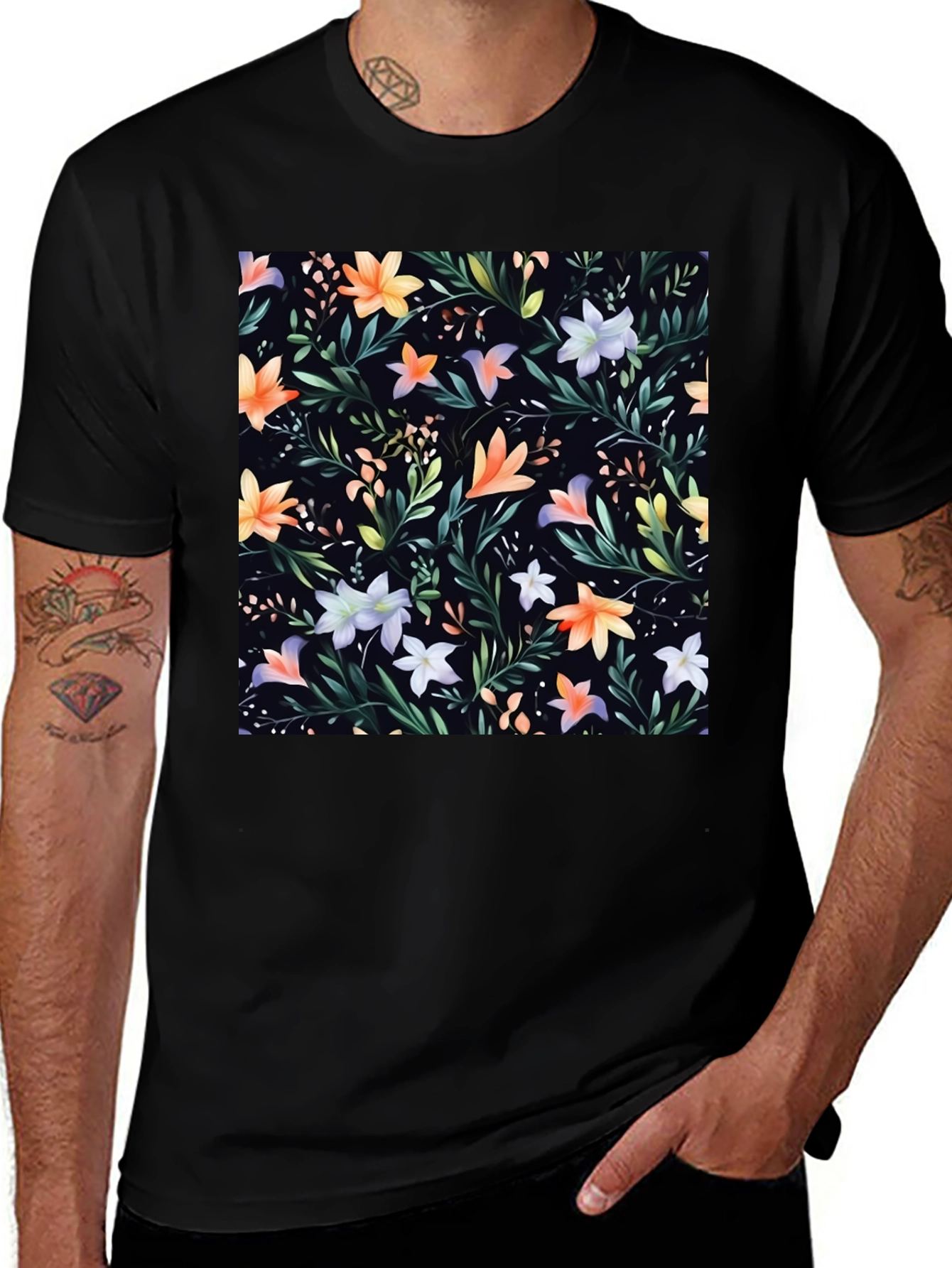 Variant 3 of Floral Print Black Crew Neck T-Shirt