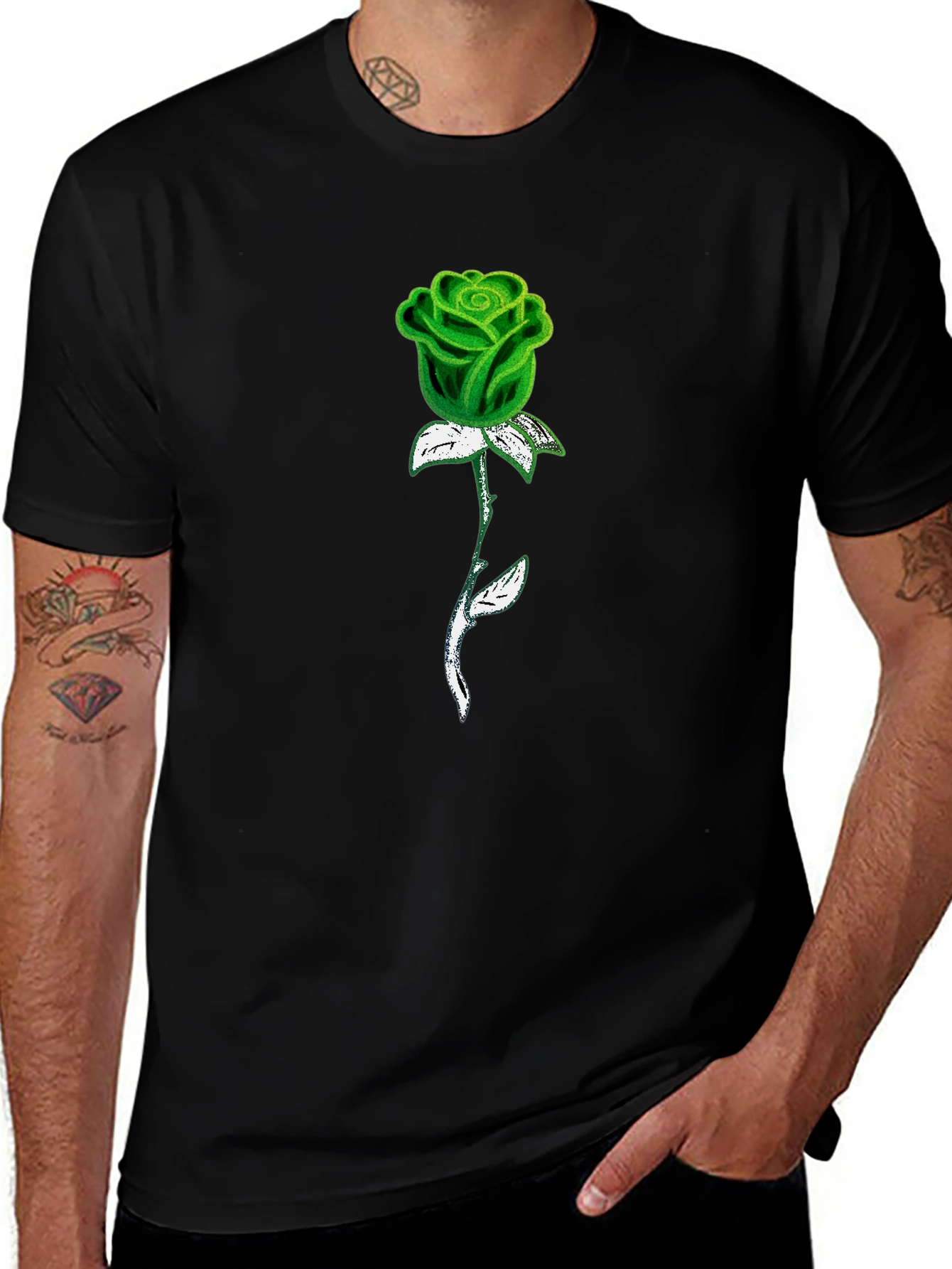 Variant 30 of Green Rose Graphic Black T-Shirt