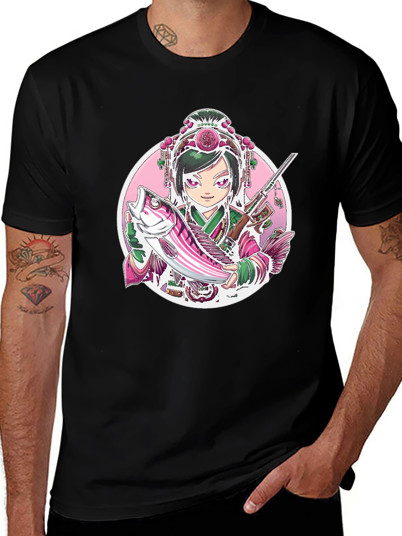 Variant 28 of Anime Girl Holding Fish & Gun Black T-Shirt