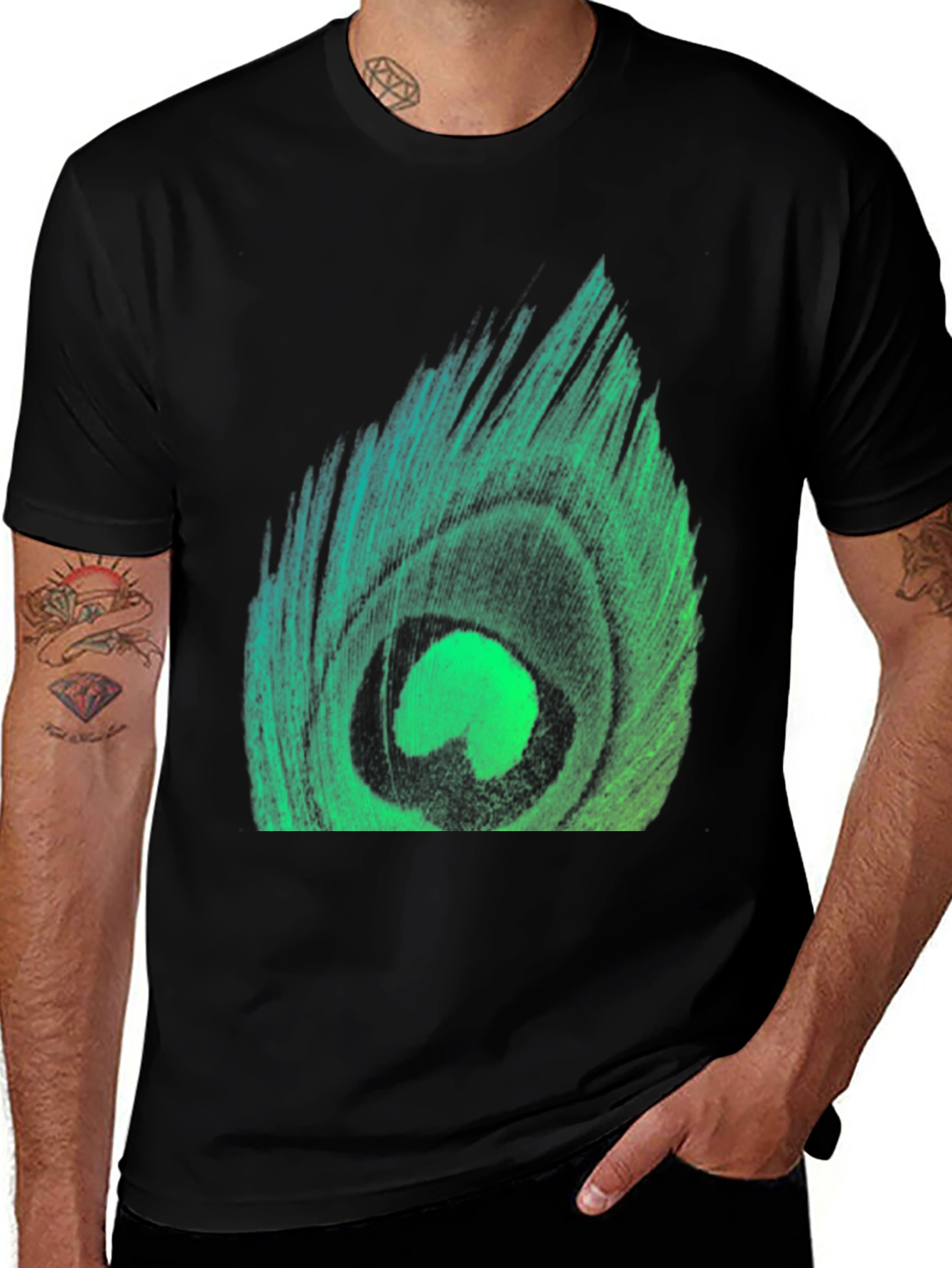 Variant 10 of Peacock Feather Graphic Tee - Stylish Black T-Shirt