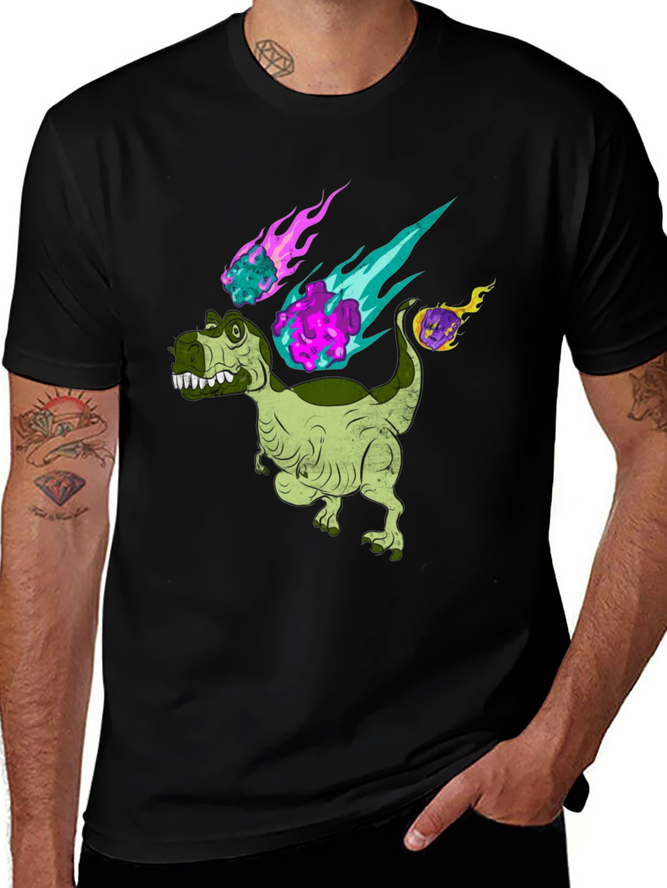 Variant 21 of Dino Meteor T-Shirt - Black Cotton Graphic Tee