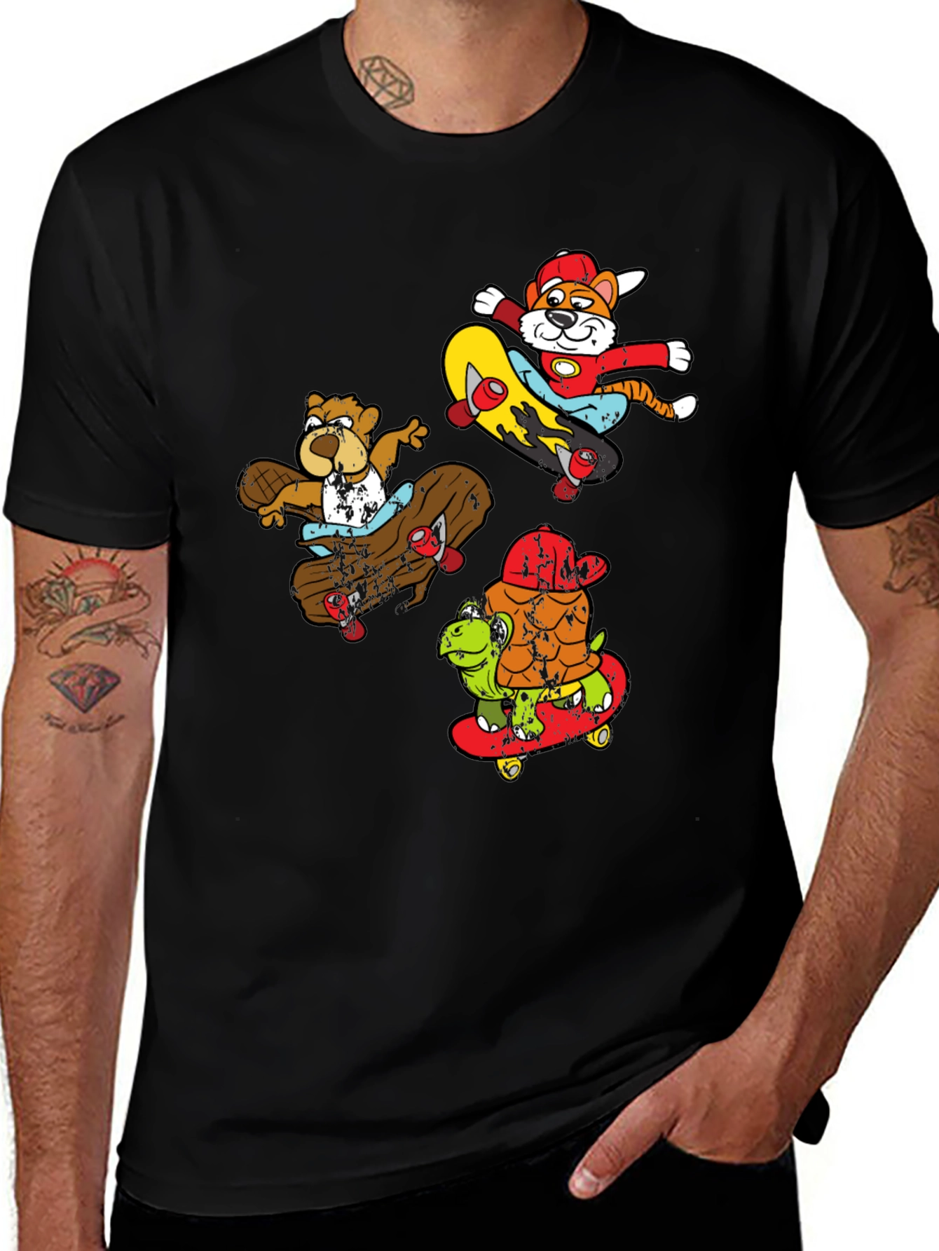 Skateboarding Cartoon Animals Graphic T-Shirt
