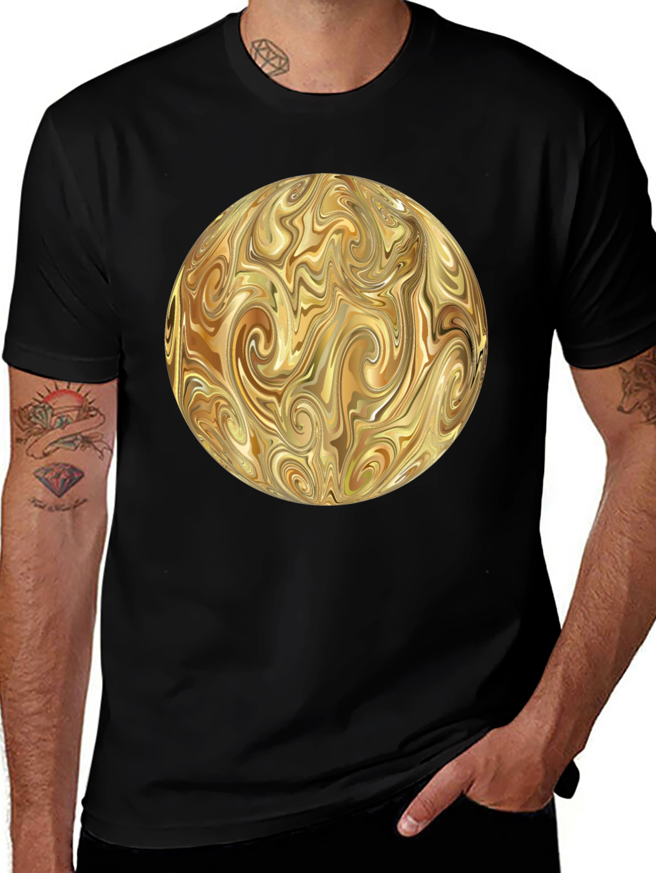 Variant 27 of Swirling Gold Abstract Design Black T-Shirt