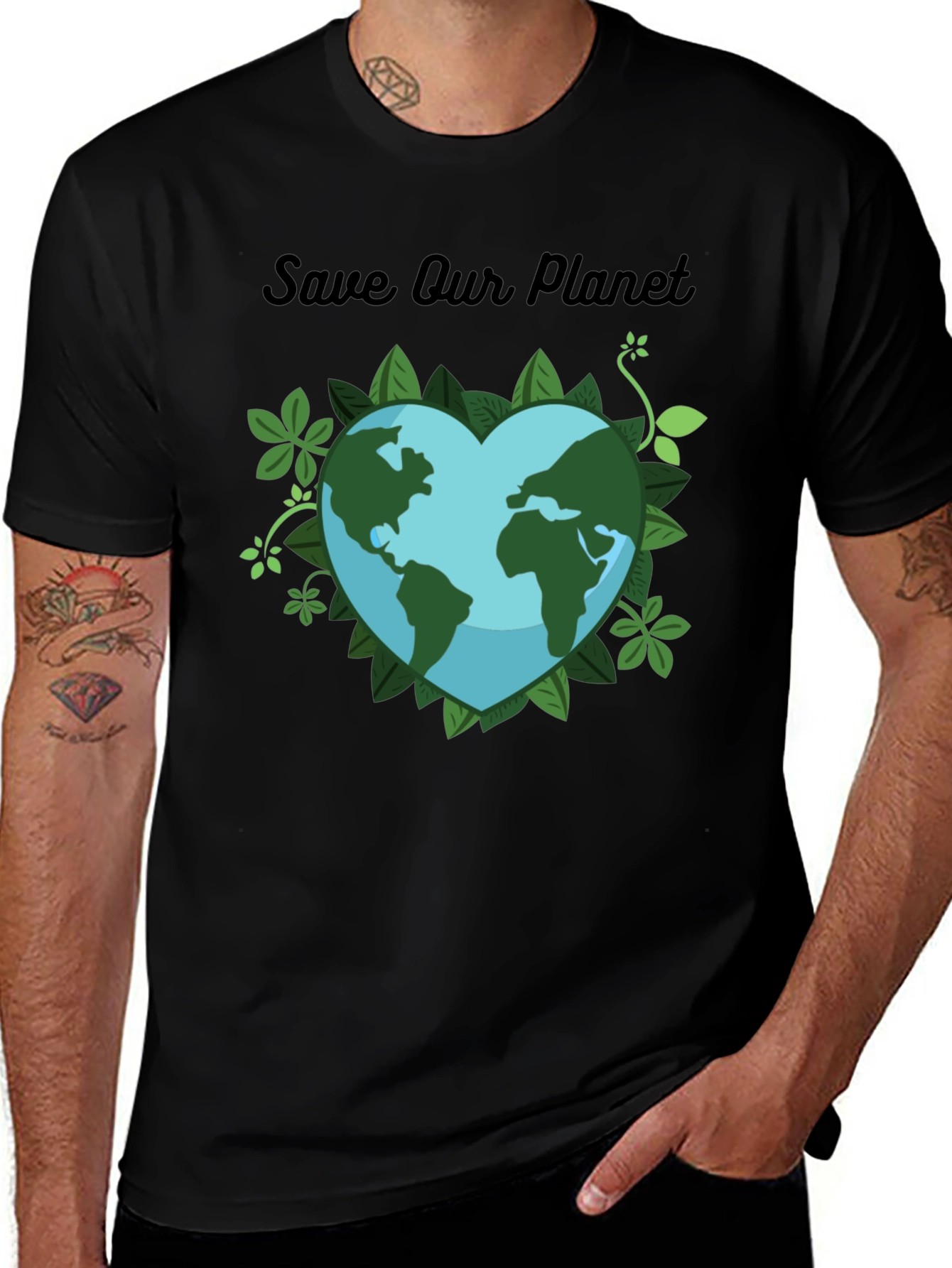 Black Save Our Planet T-Shirt - Earth Heart Design main image
