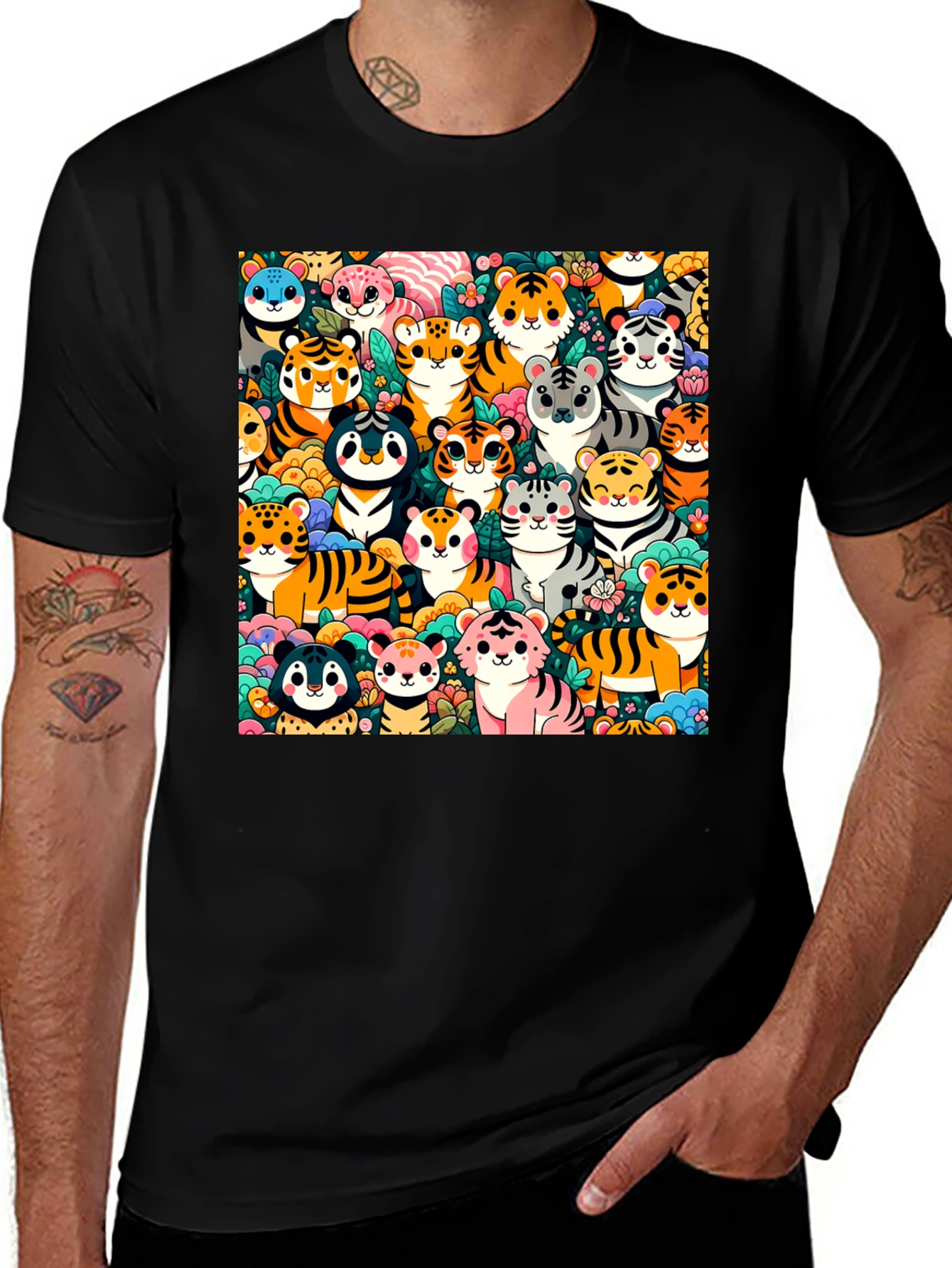 Variant 29 of Cute Cartoon Tiger Print Black T-Shirt
