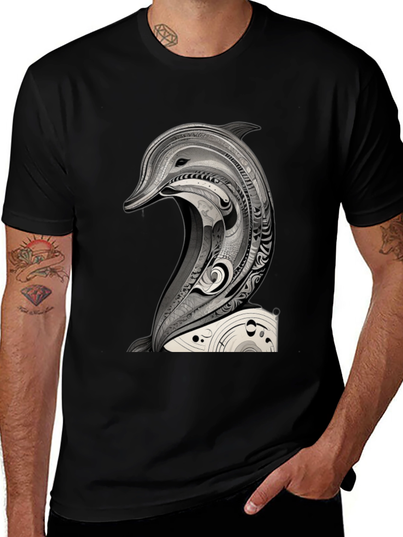 Variant 5 of Black T-Shirt with Dolphin Art Graphic Tee