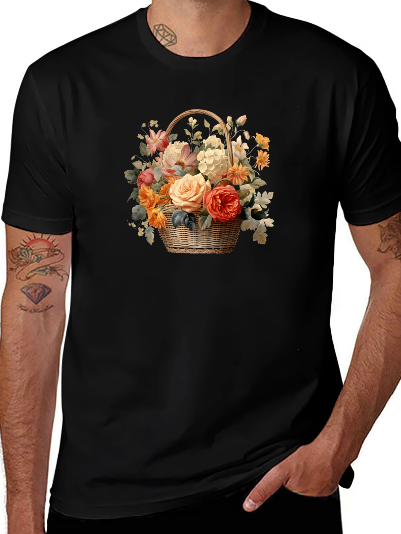 Variant 3 of Floral Basket Graphic Tee - Black Unisex T-Shirt