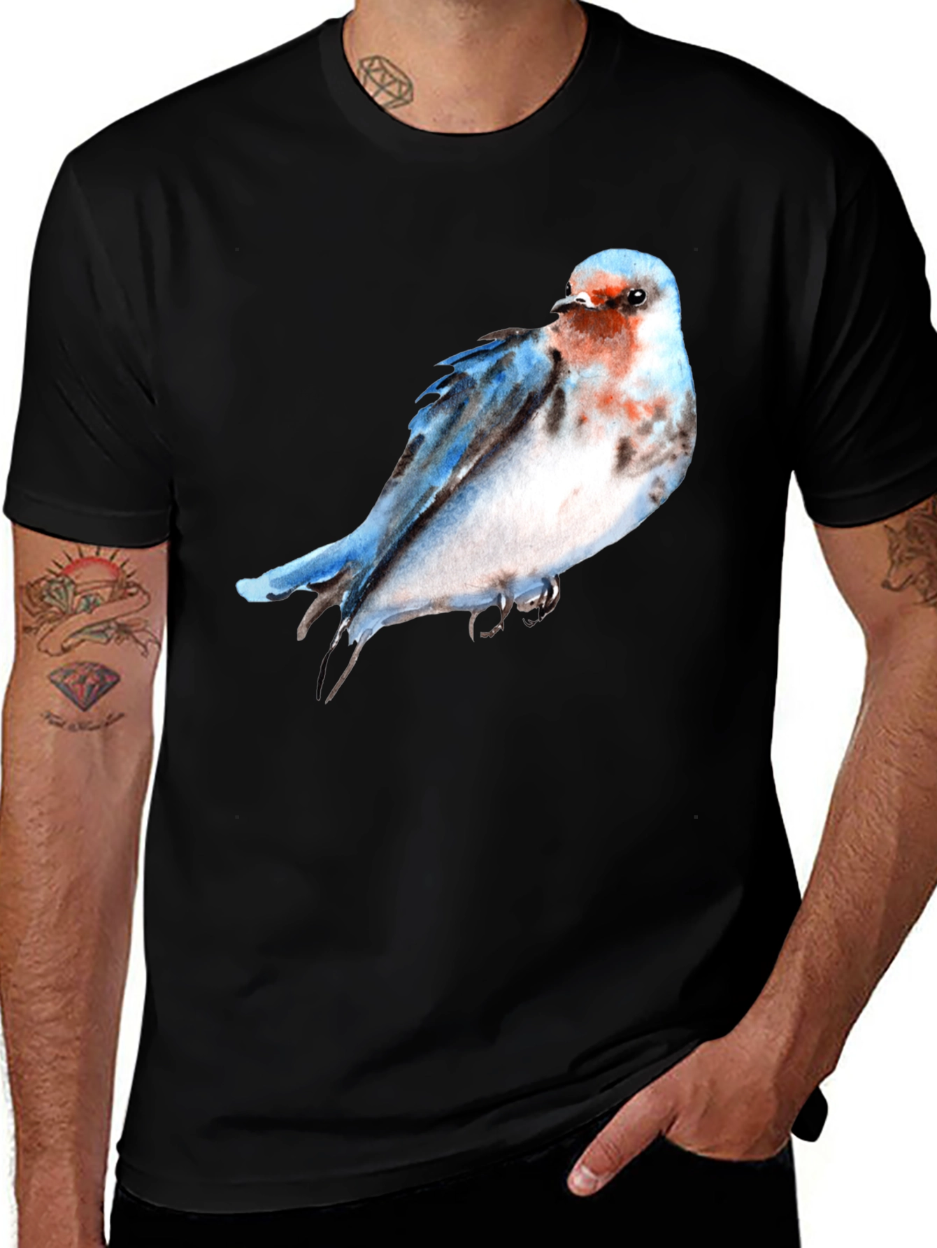 Variant 28 of Watercolor Bird Print Black T-Shirt