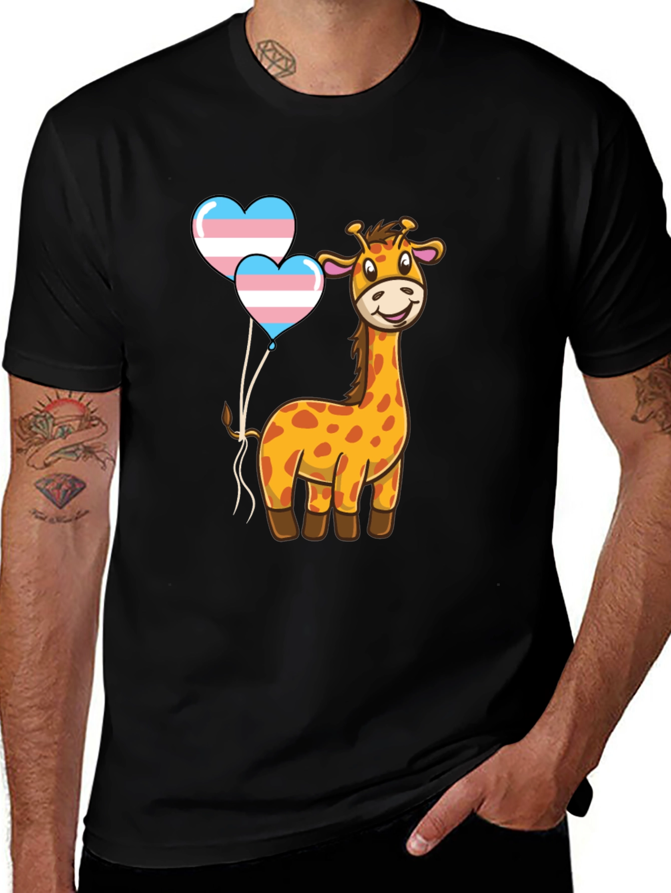 Variant 15 of Giraffe & Trans Pride Heart Balloons Black T-Shirt