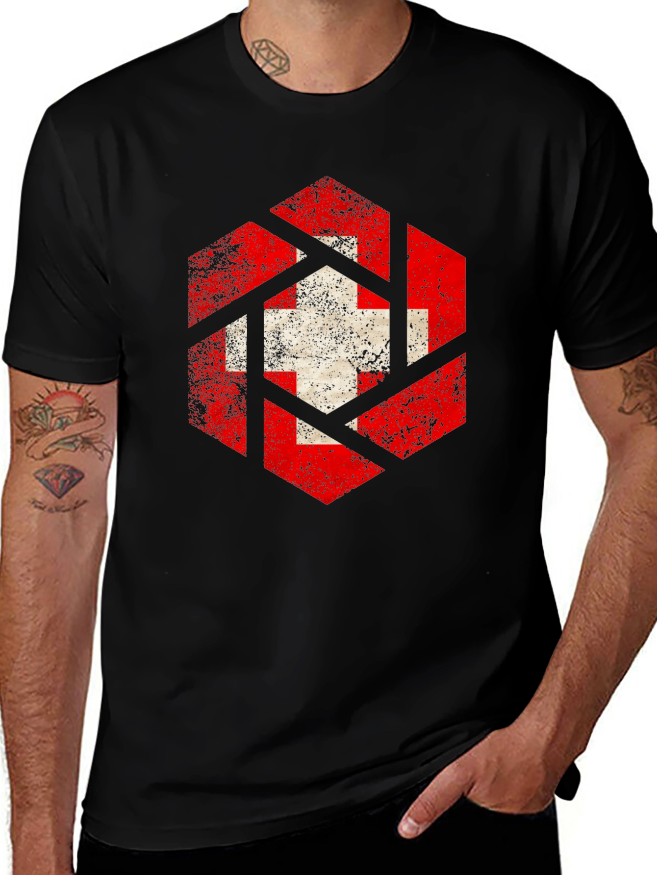 Variant 4 of Swiss Flag Graphic Print Black T-Shirt