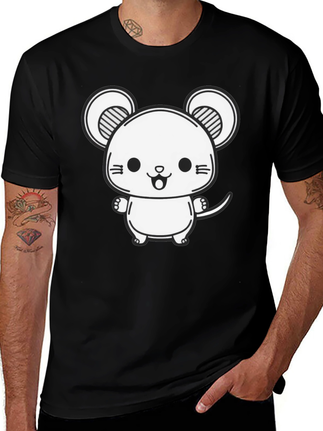 Variant 15 of Cute Cartoon Mouse Graphic Tee - Black Cotton Blend
