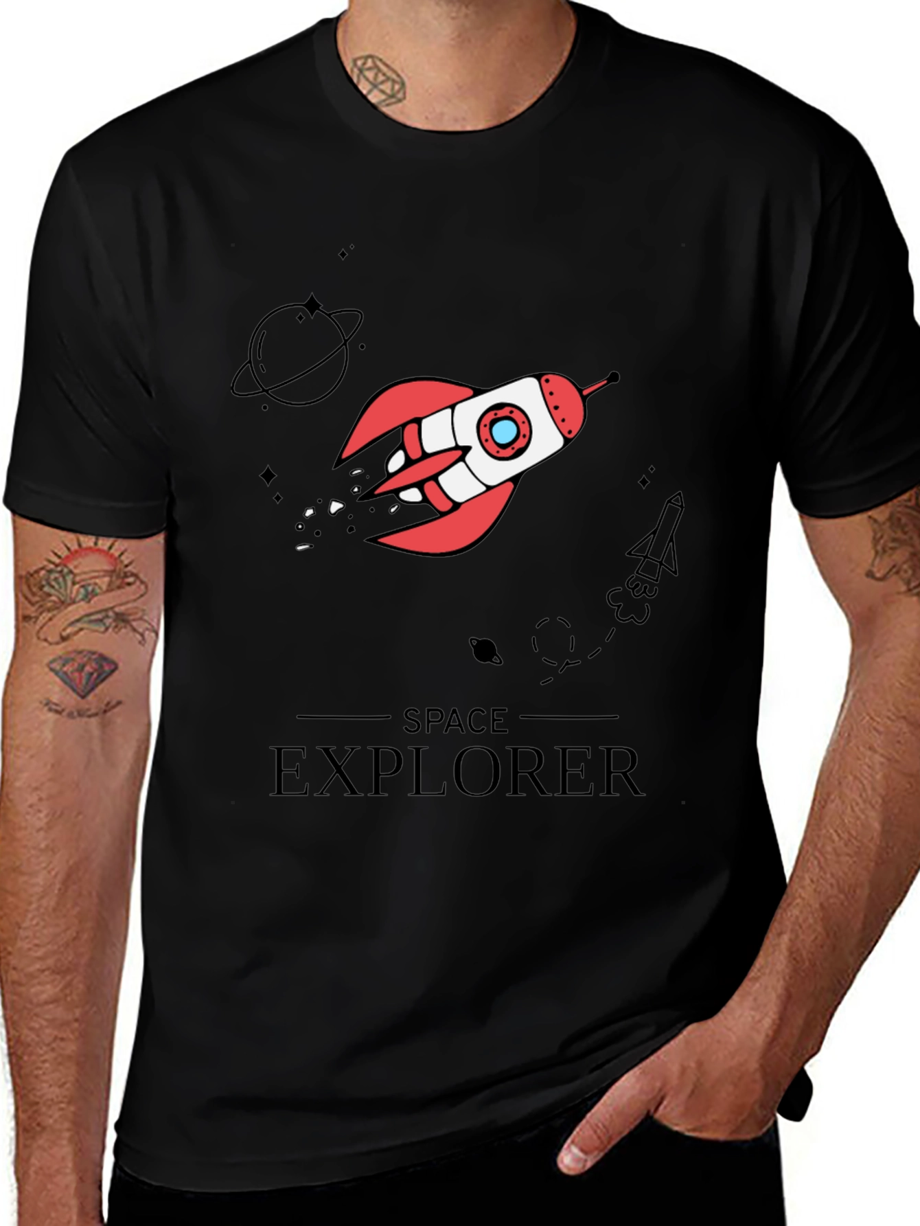 Space Explorer Black T-Shirt - Rocket Graphic Tee