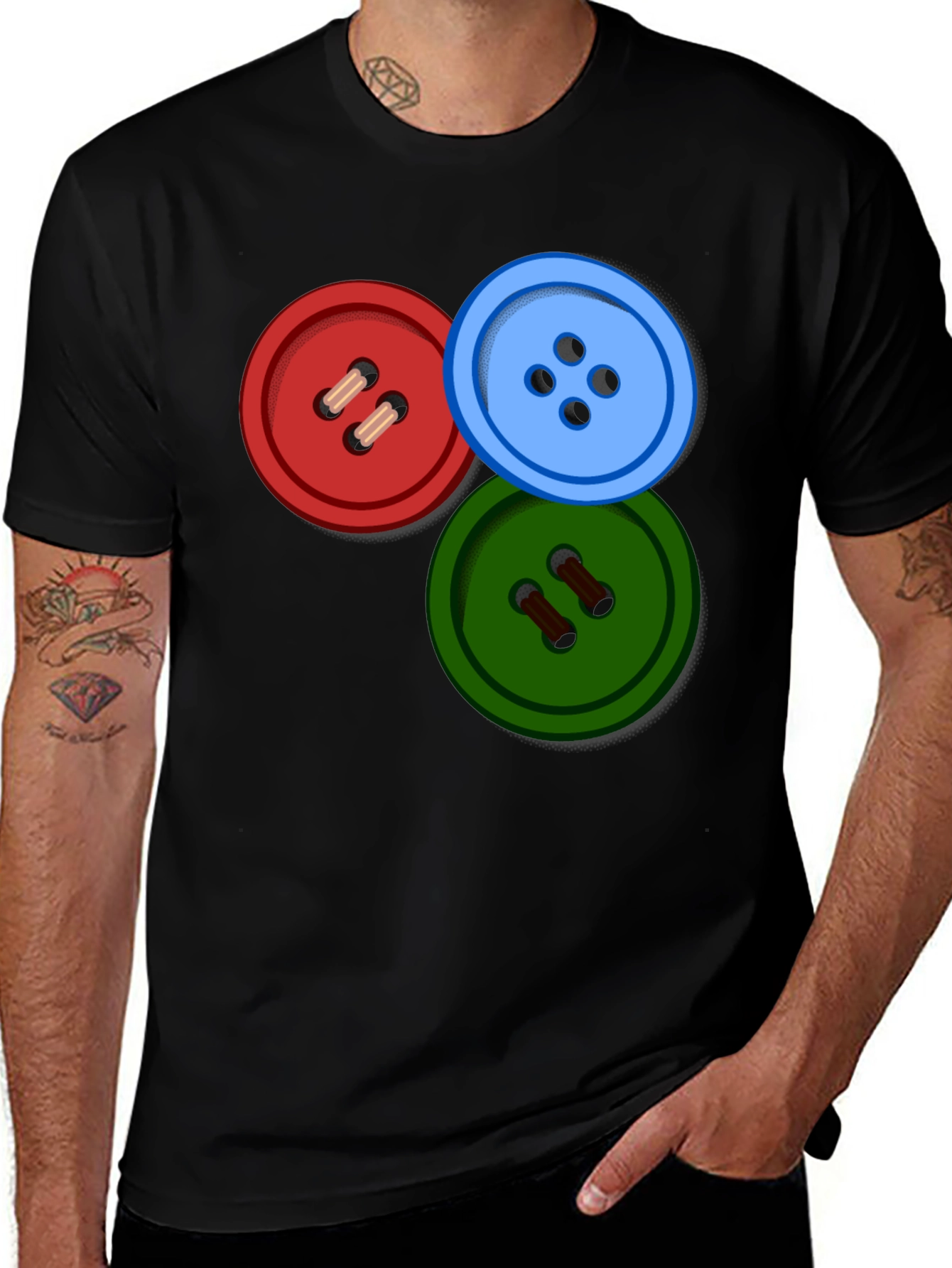 Variant 14 of Colorful Buttons Graphic Tee - Black Cotton Shirt