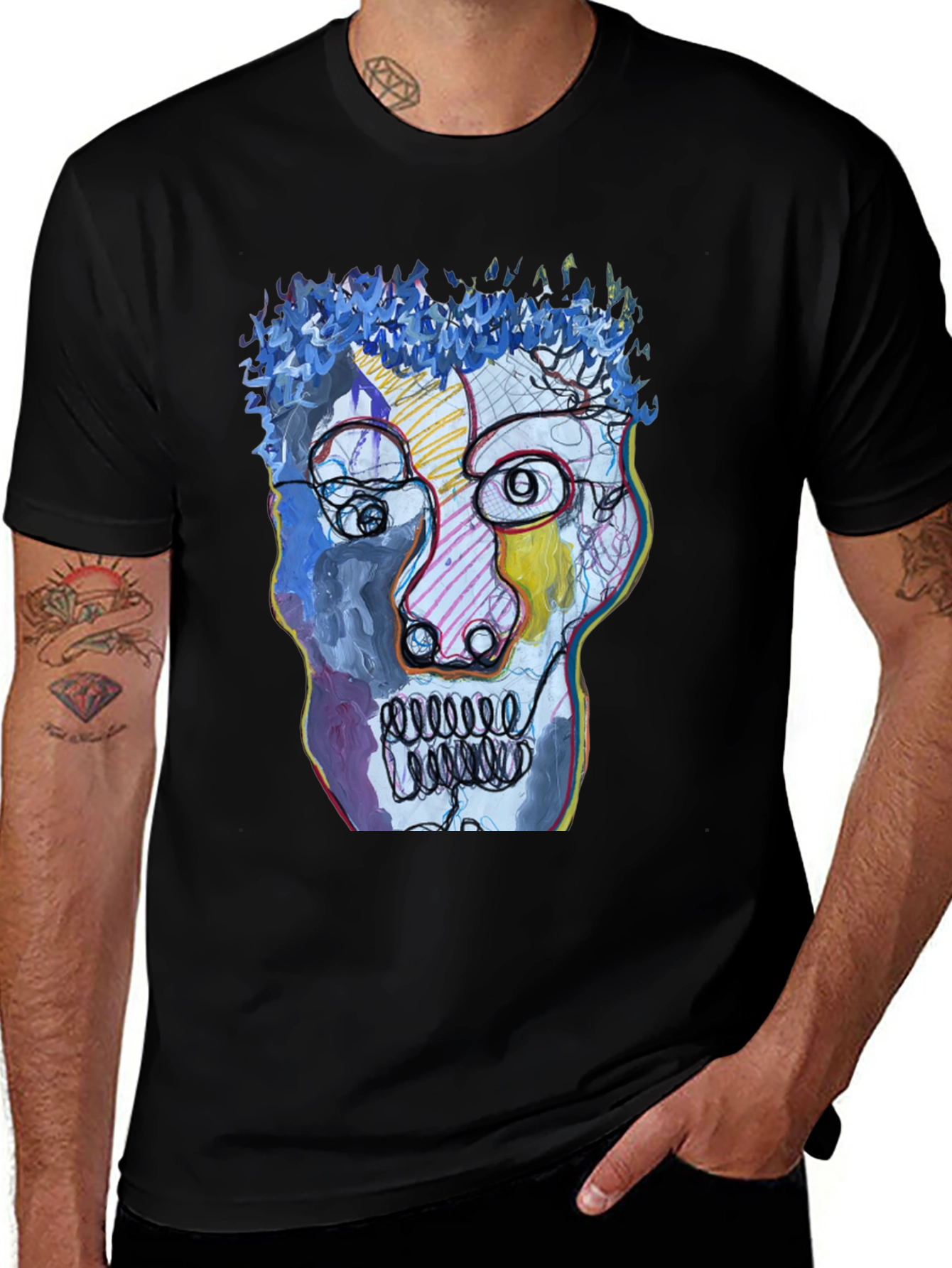 Black Abstract Art Face Graphic Tee - Black Cotton T-Shirt main image