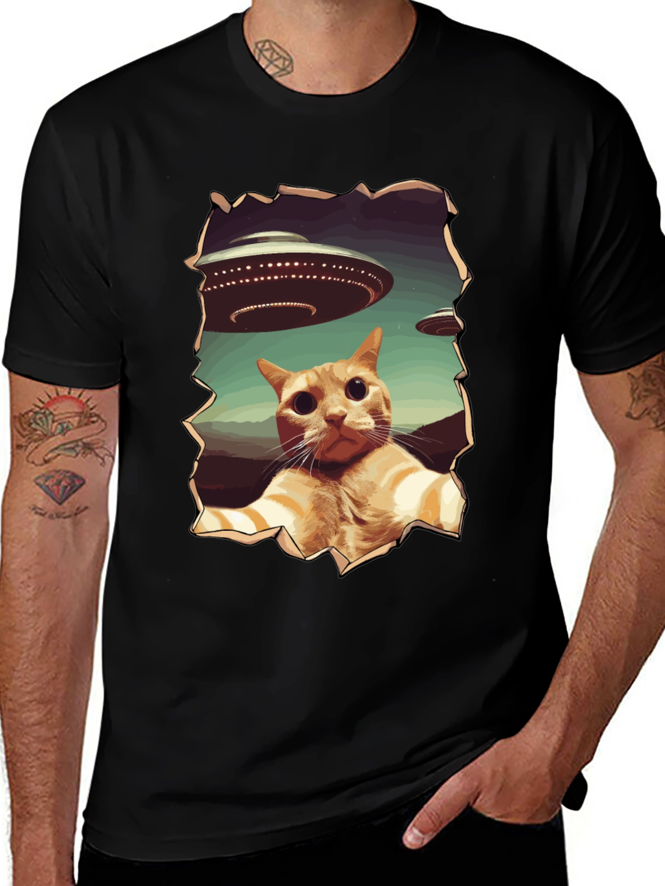 Variant 10 of UFO Cat Graphic Tee - Funny Alien Abduction Shirt