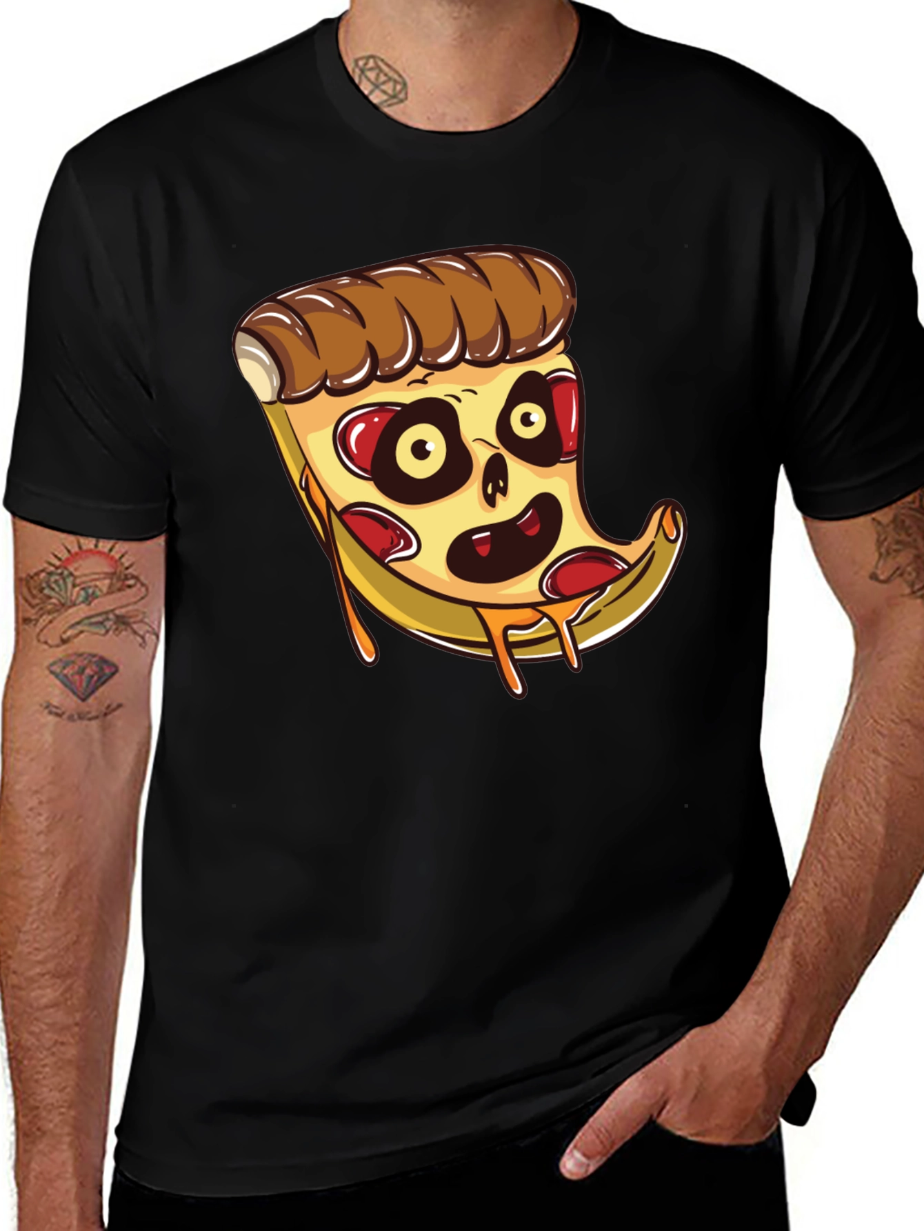 Variant 10 of Zombie Pizza Slice Graphic Tee - Black Cotton T-Shirt