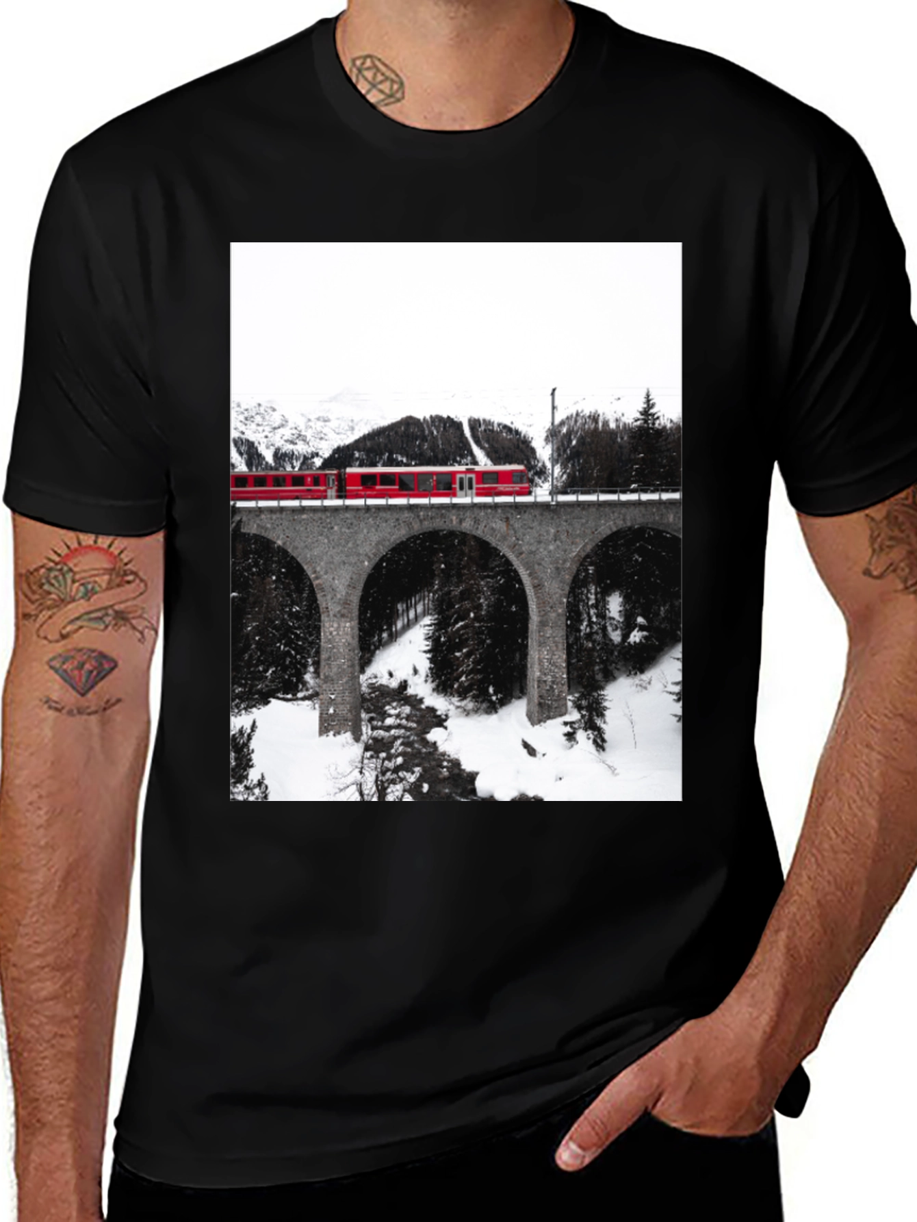 Red Train Winter Bridge Black T-Shirt