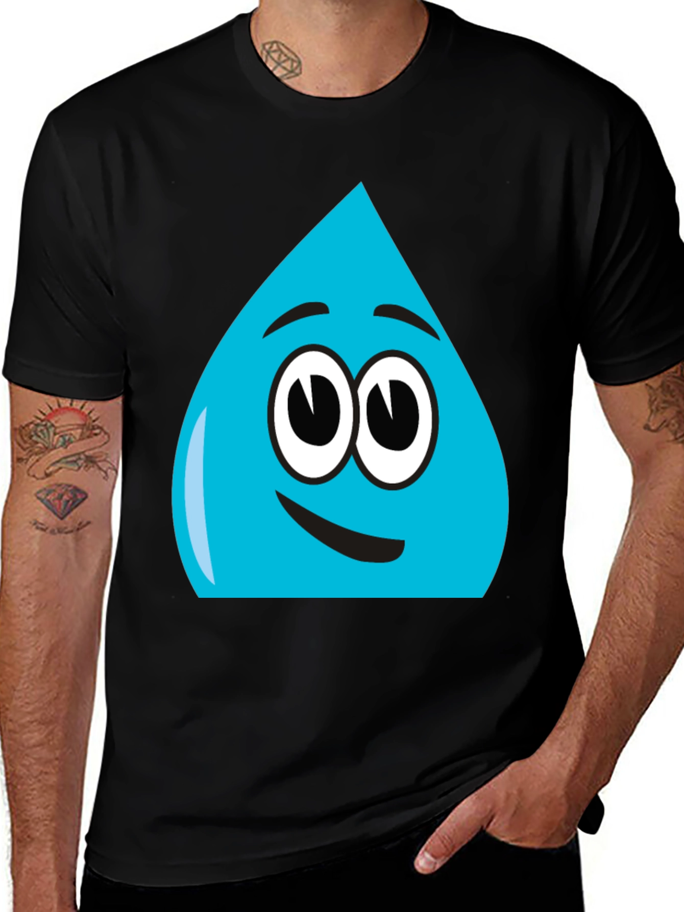 Variant 23 of Funny Blue Water Drop Graphic Tee - Black Cotton T-Shirt