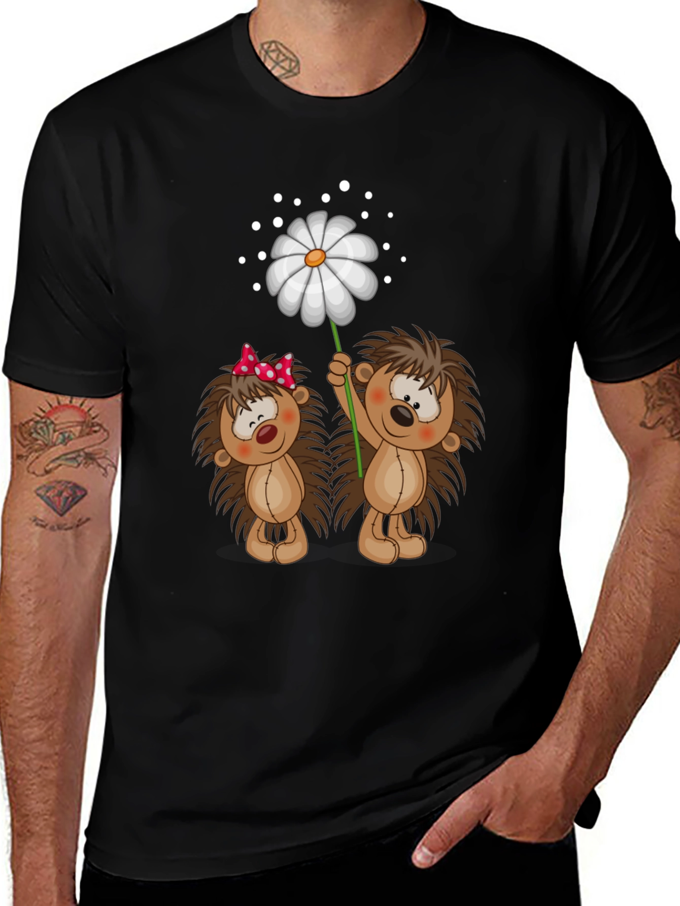 Variant 9 of Cute Hedgehog & Daisy Graphic Black T-Shirt