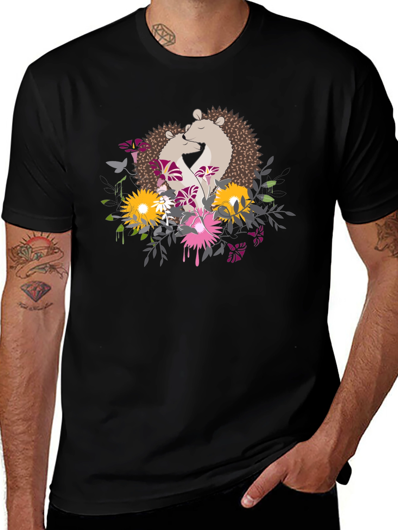 Variant 29 of Hedgehog Love Tee - Floral Embrace Design