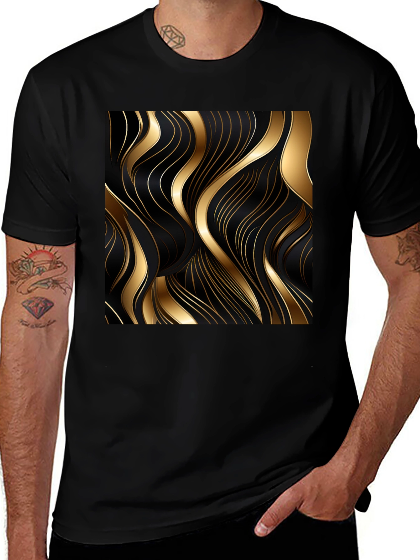 Variant 14 of Elegant Black T-Shirt with Gold Wave Design
